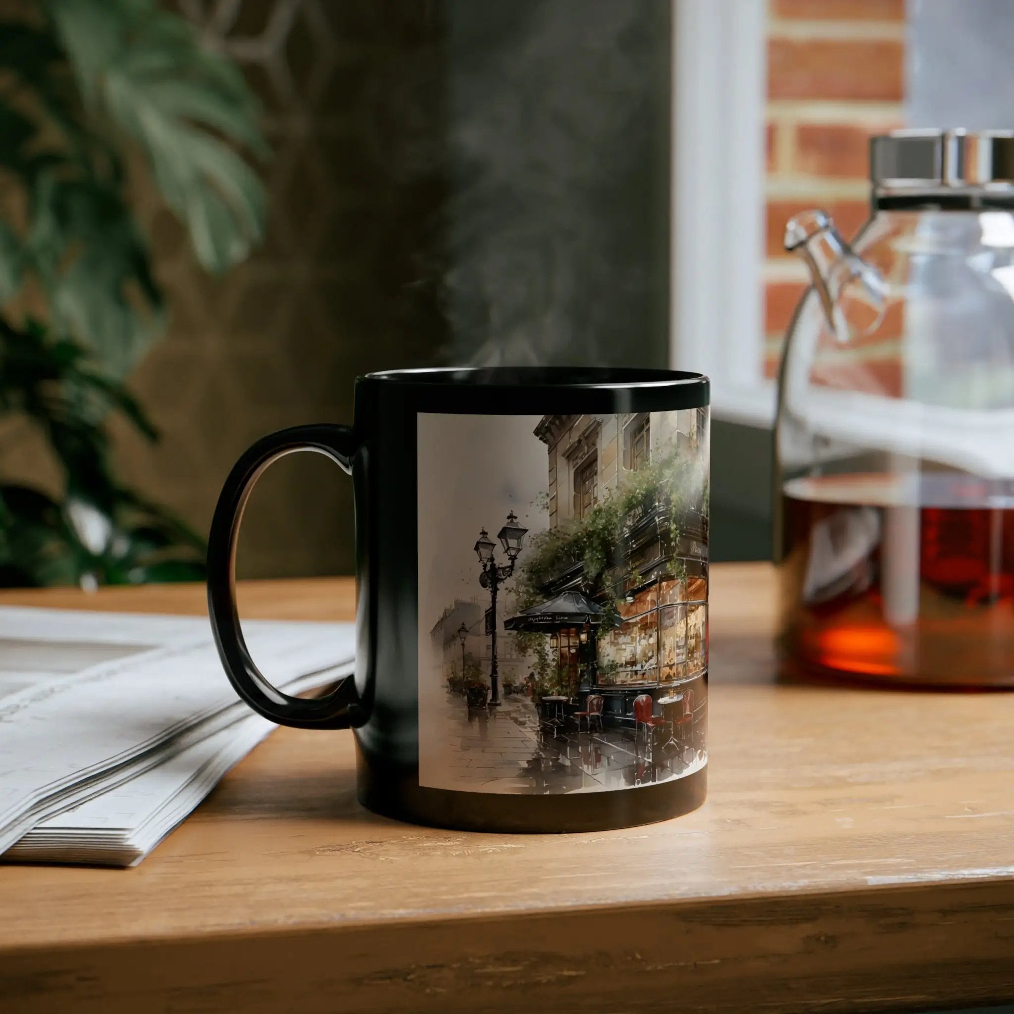 Mugs coffee | a black coffee mug sitting on top of a wooden table