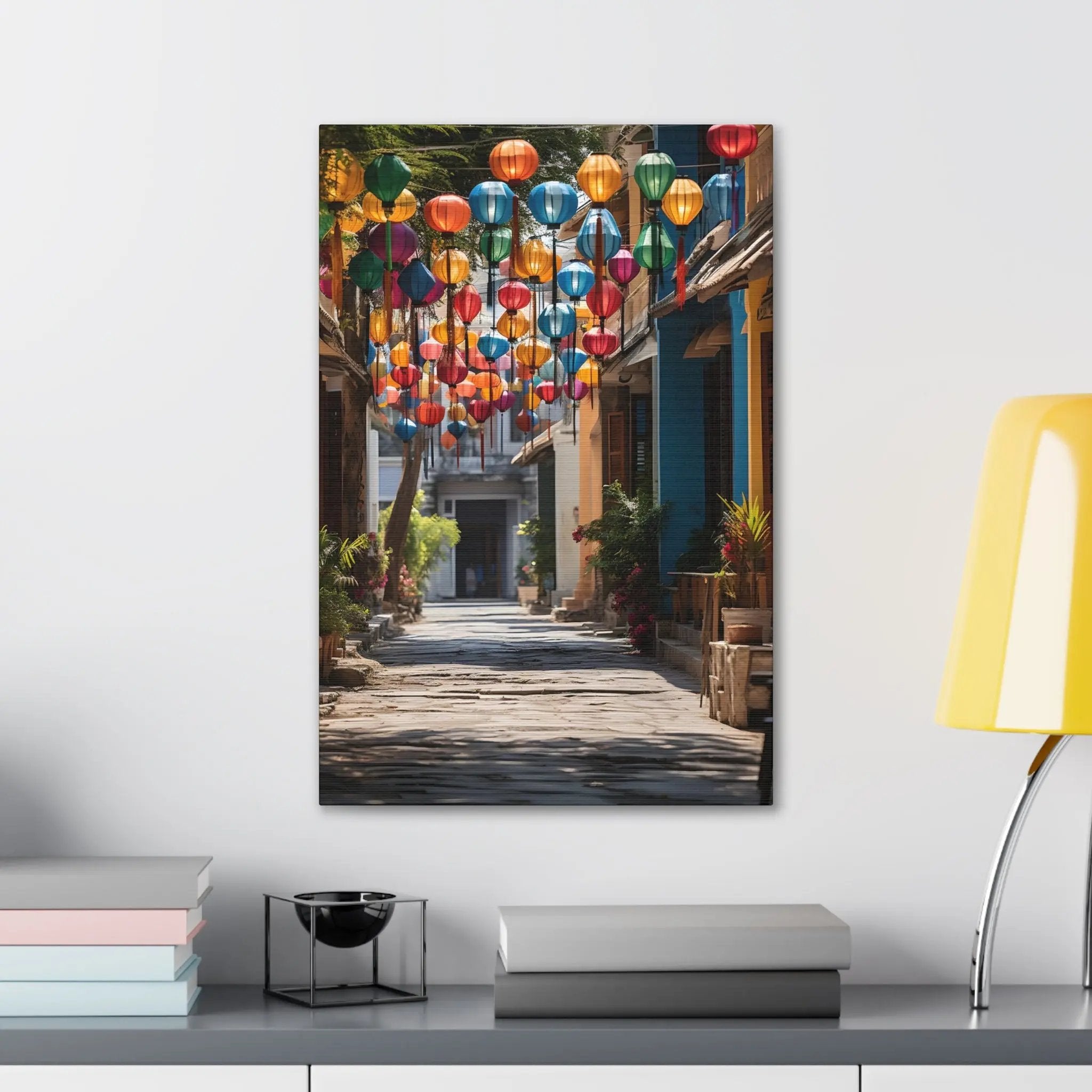 Canvas Gallery Wraps | a room with a table and a lamp on the wall