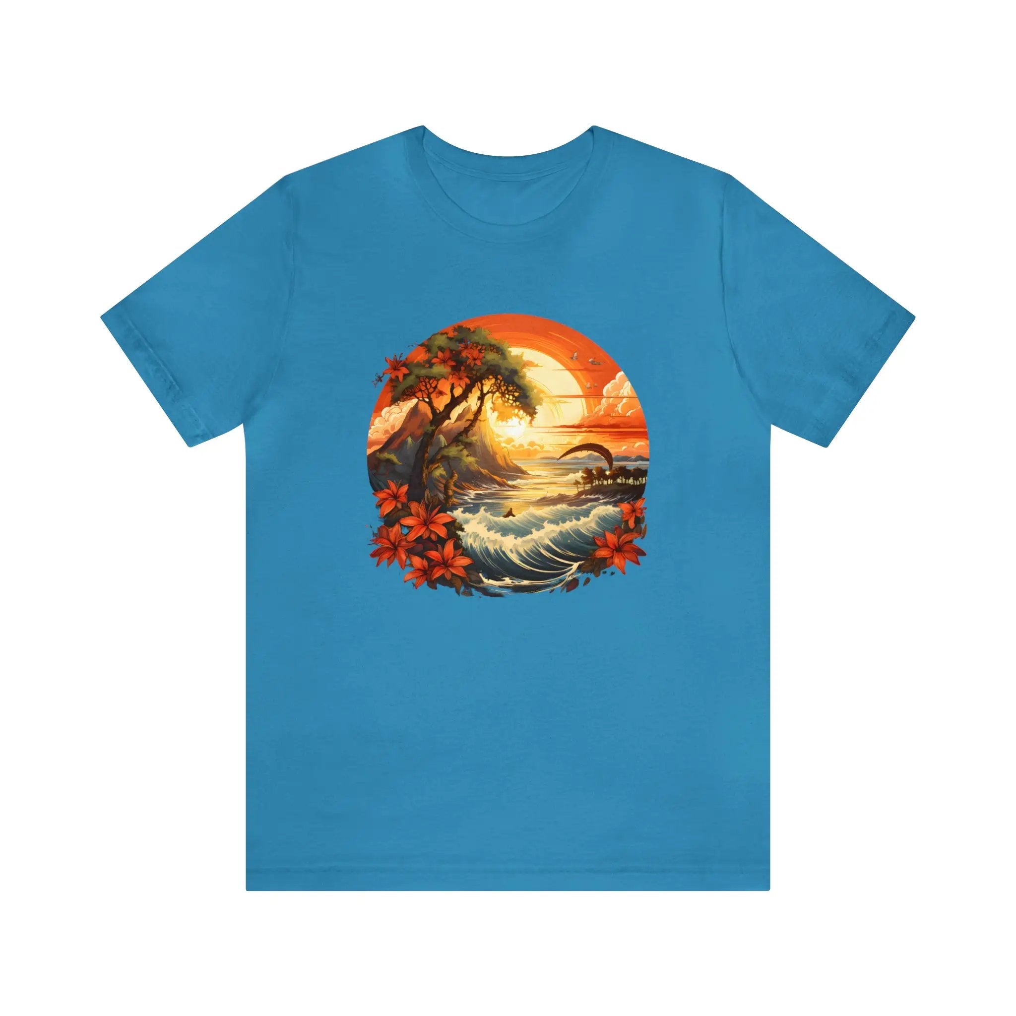 Couple t shirt | a blue t - shirt with a painting of a sunset and palm trees