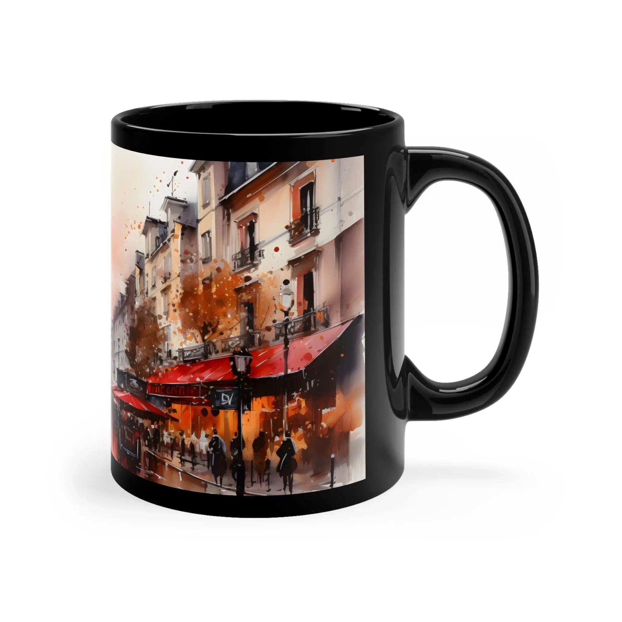 Mugs coffee | a black coffee mug with a picture of people walking down the street