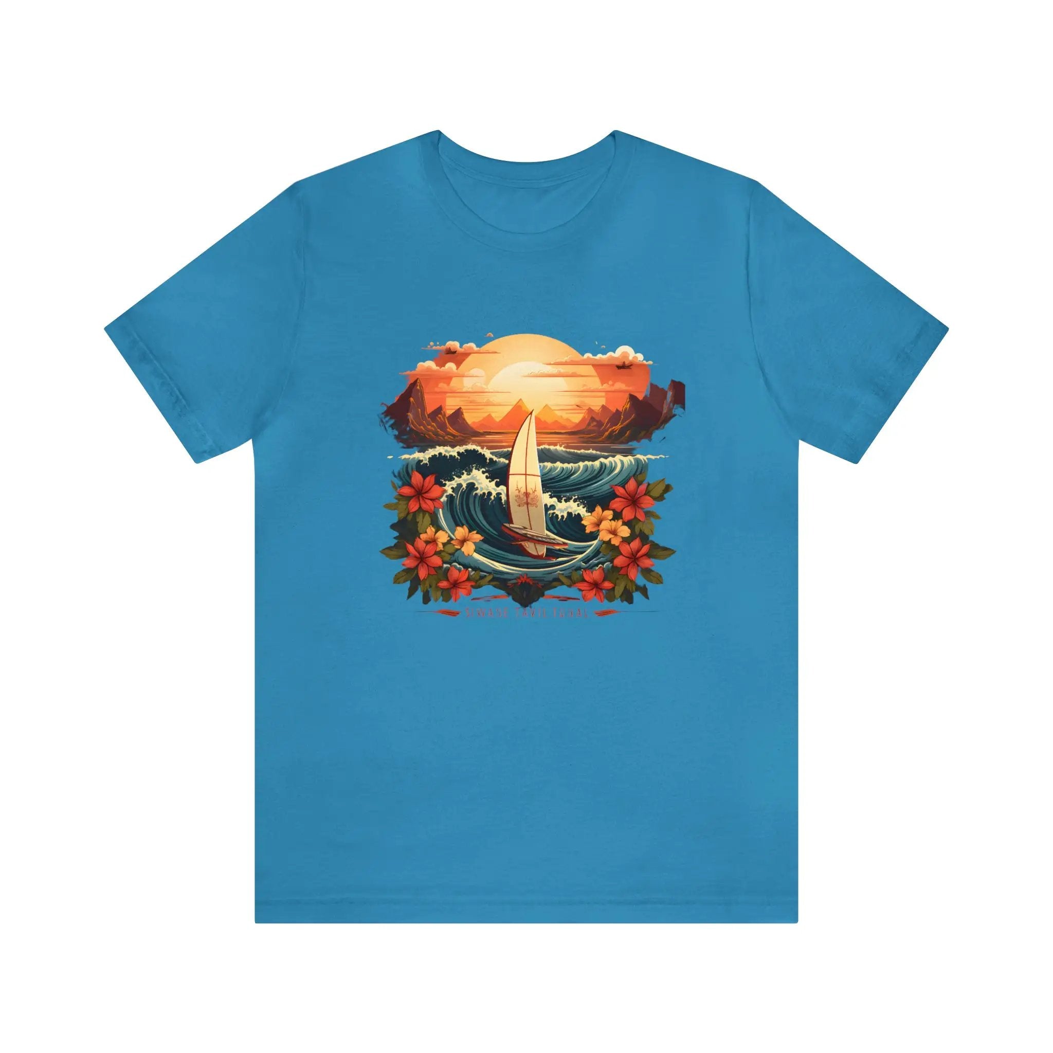 Couple t shirt | a blue t - shirt with an image of a sailboat in the ocean