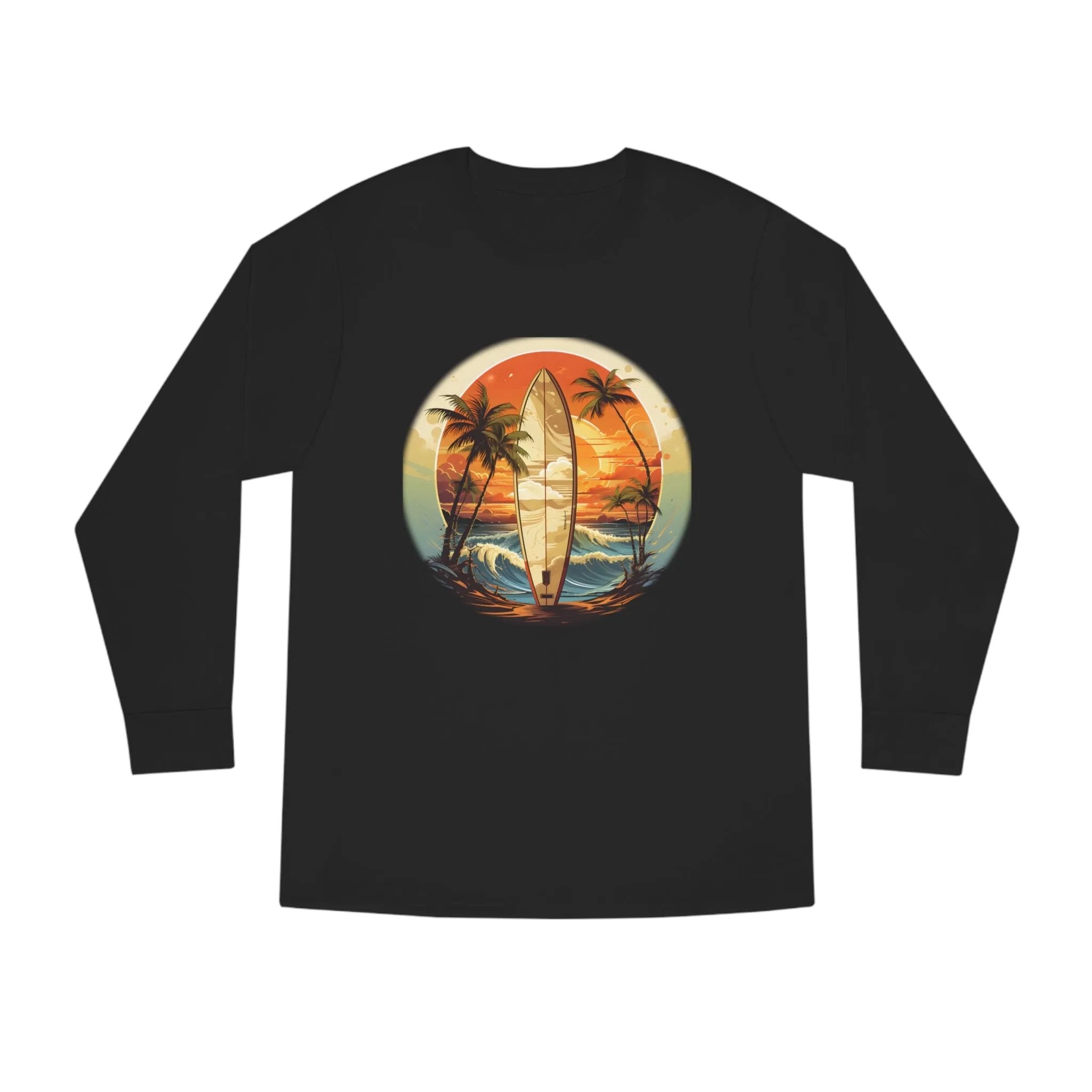 Long Sleeve t shirt | a black long sleeve shirt with a picture of a surfboard and palm trees