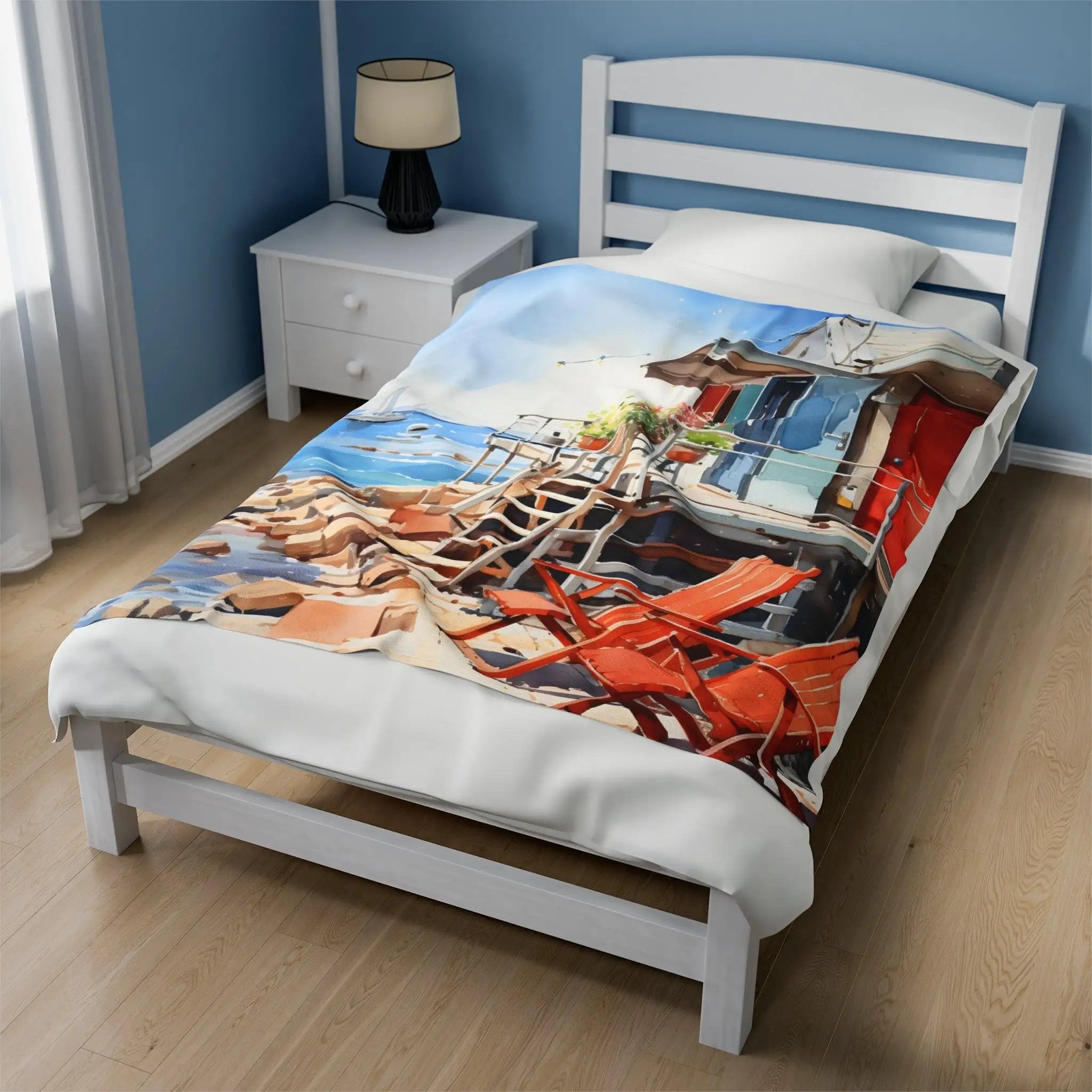 Plush Blanket | a bed with a picture of a beach scene on it