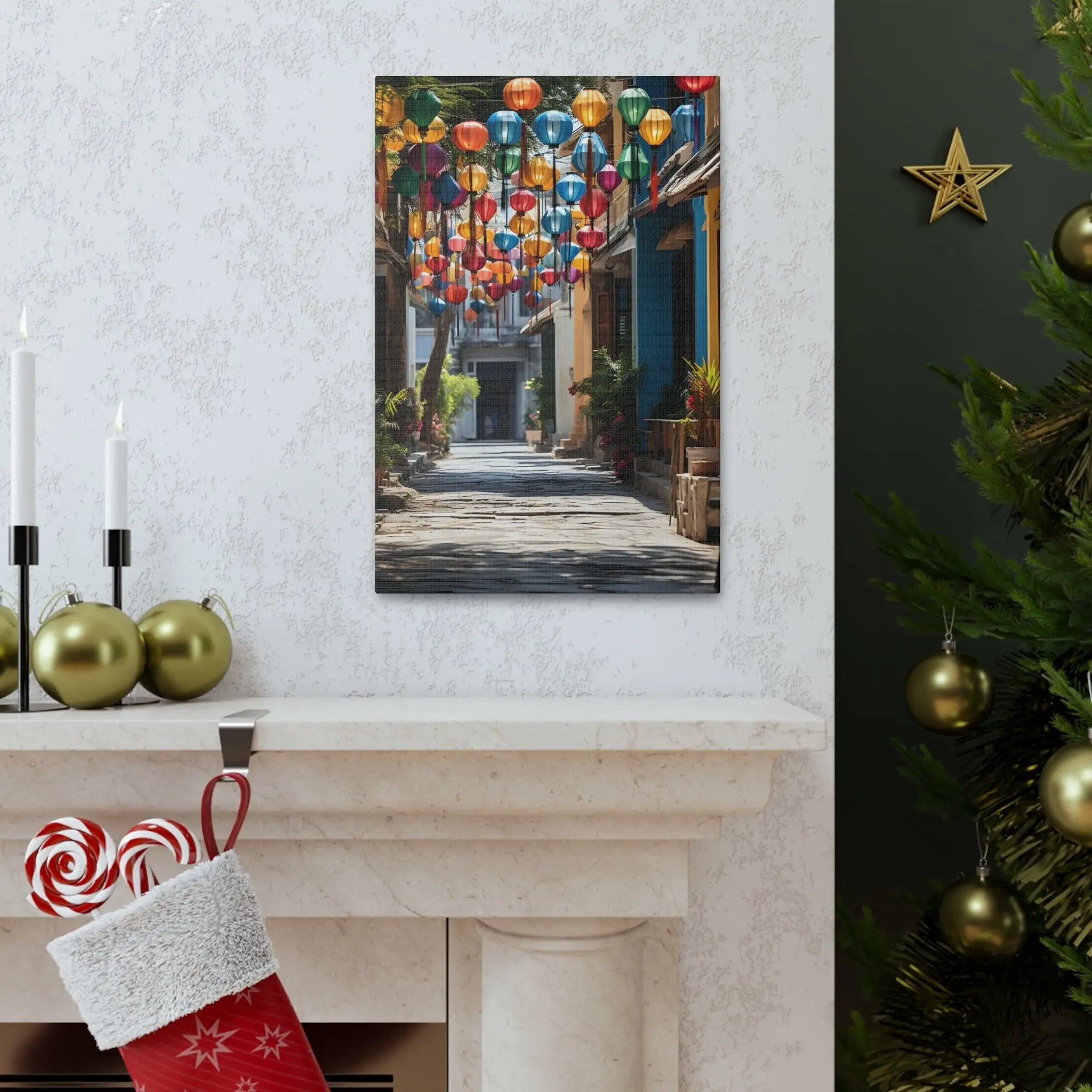 Canvas Gallery Wraps | a decorated Christmas tree in front of a fireplace