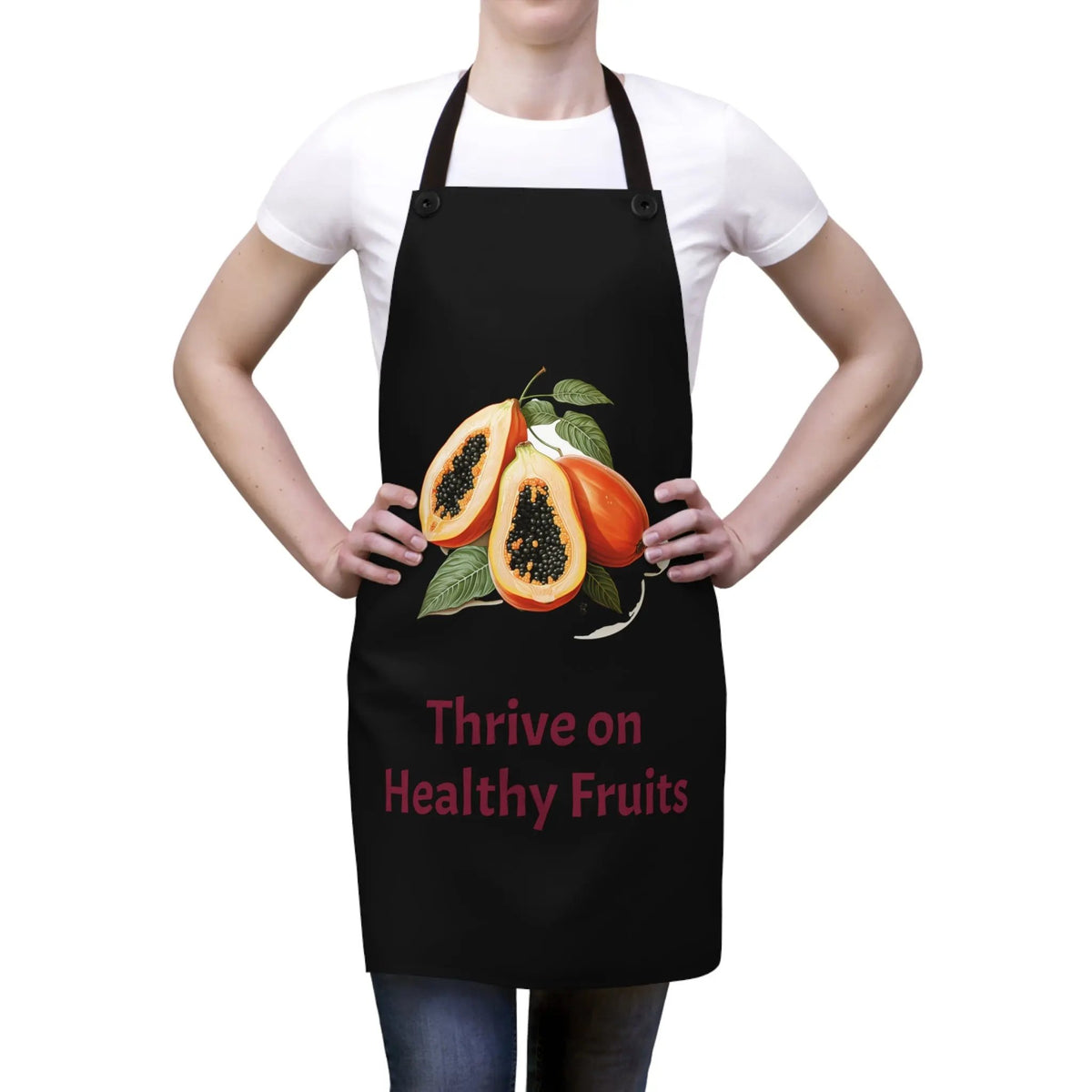 Chef Apron | a woman wearing a black apron with a pineapple on it