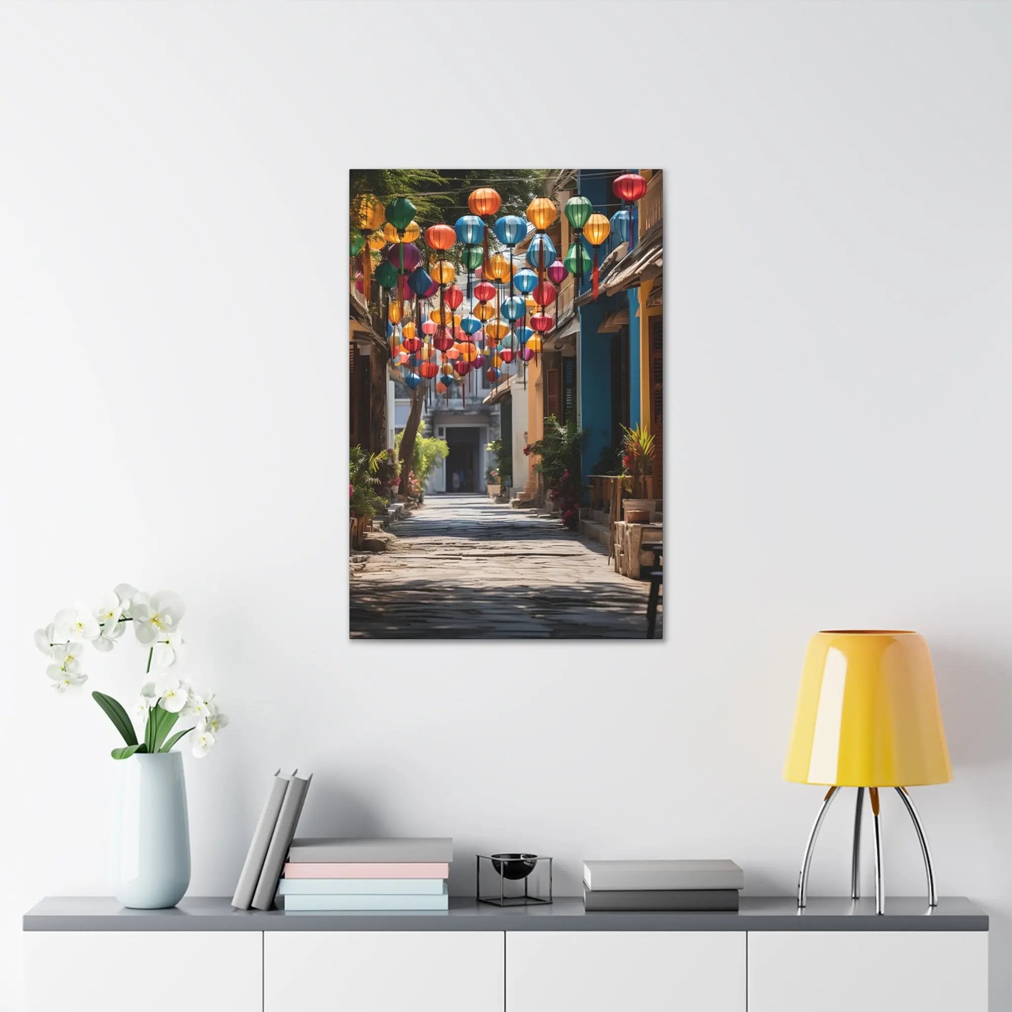 Canvas Gallery Wraps | a picture of a street with colorful lanterns hanging from the ceiling