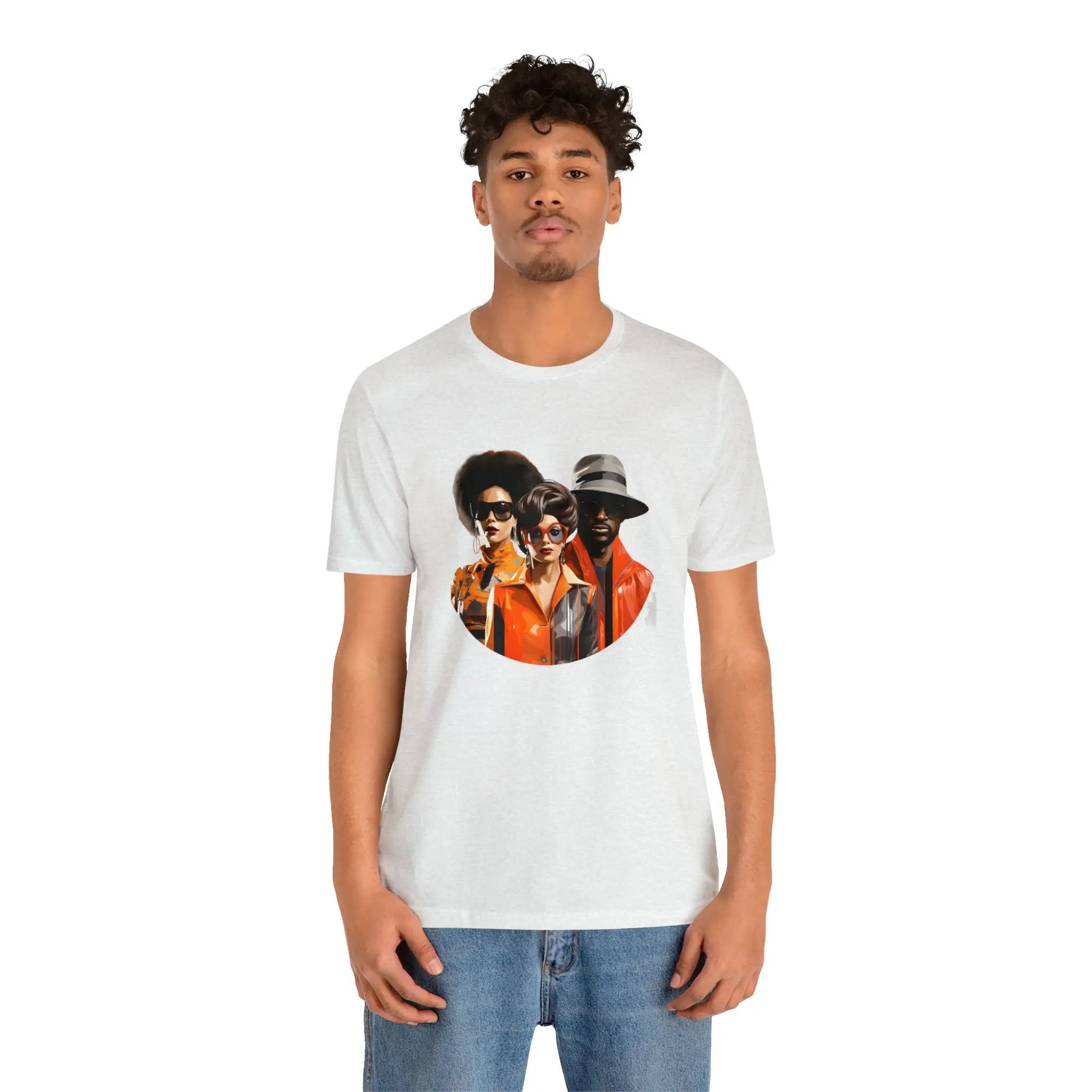 Couple t shirt | a man wearing a white t - shirt with a picture of three men on it