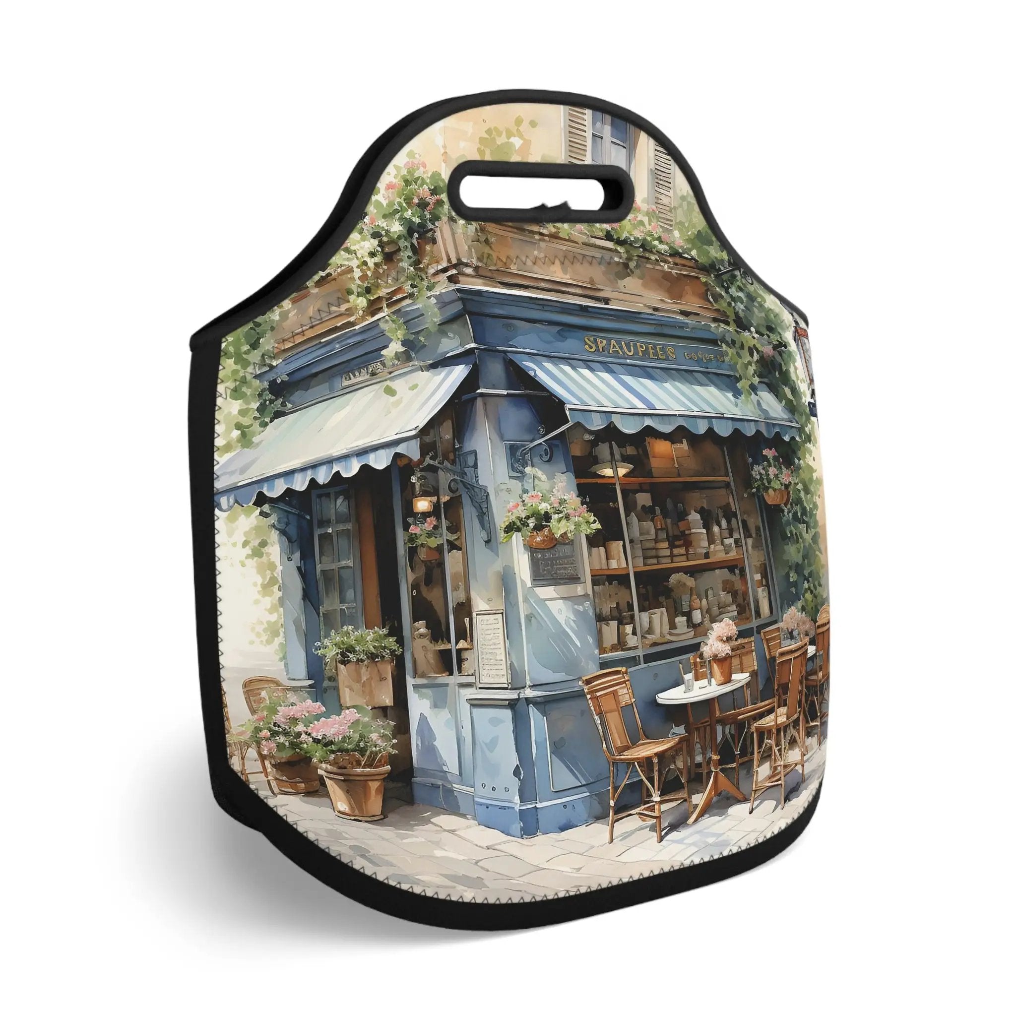 Insulated lunch bag | a lunch bag with a painting of a store front