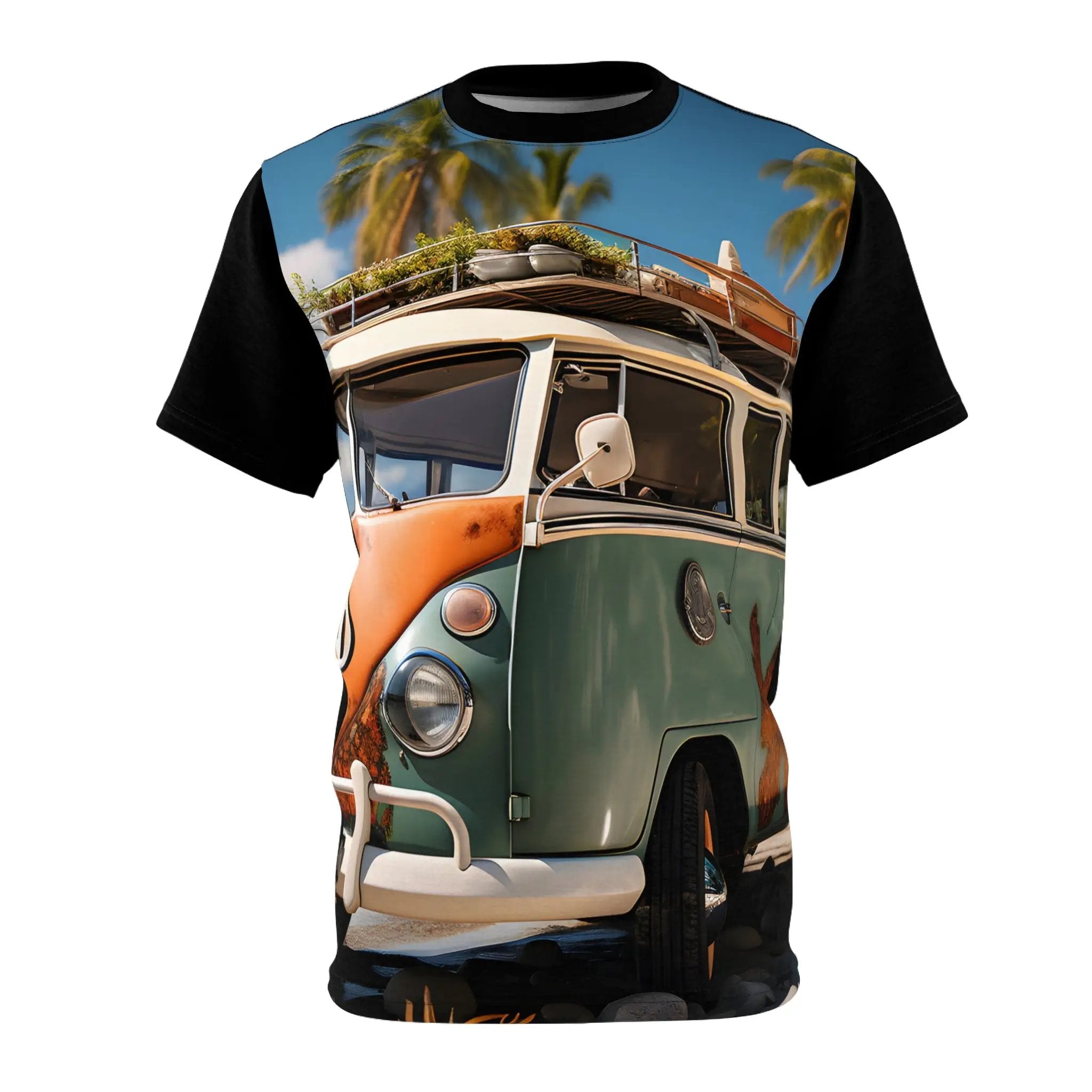 vintage shirt | a bus with a surfboard on top of it