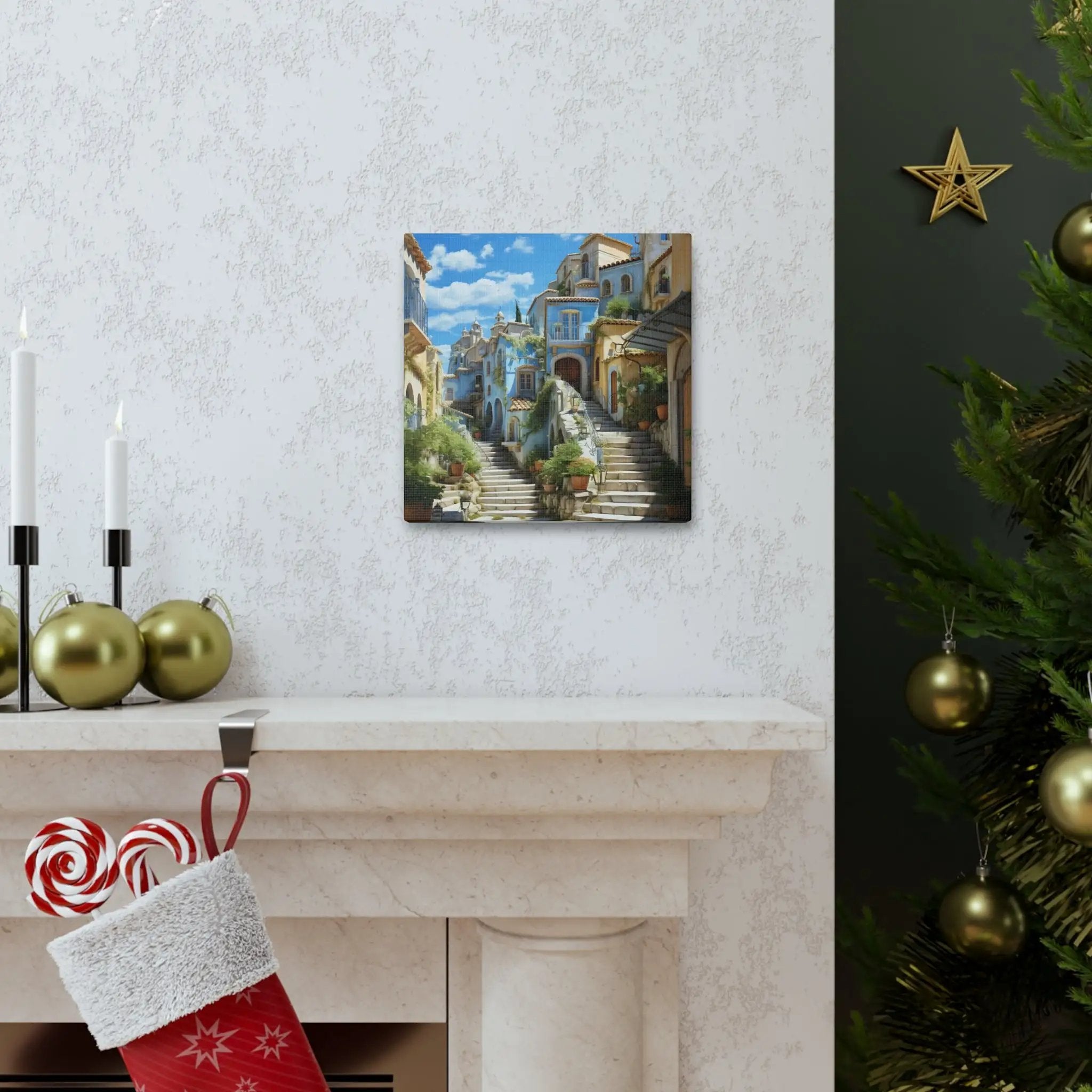 Canvas Gallery Wraps | a Christmas stocking sits next to a fireplace