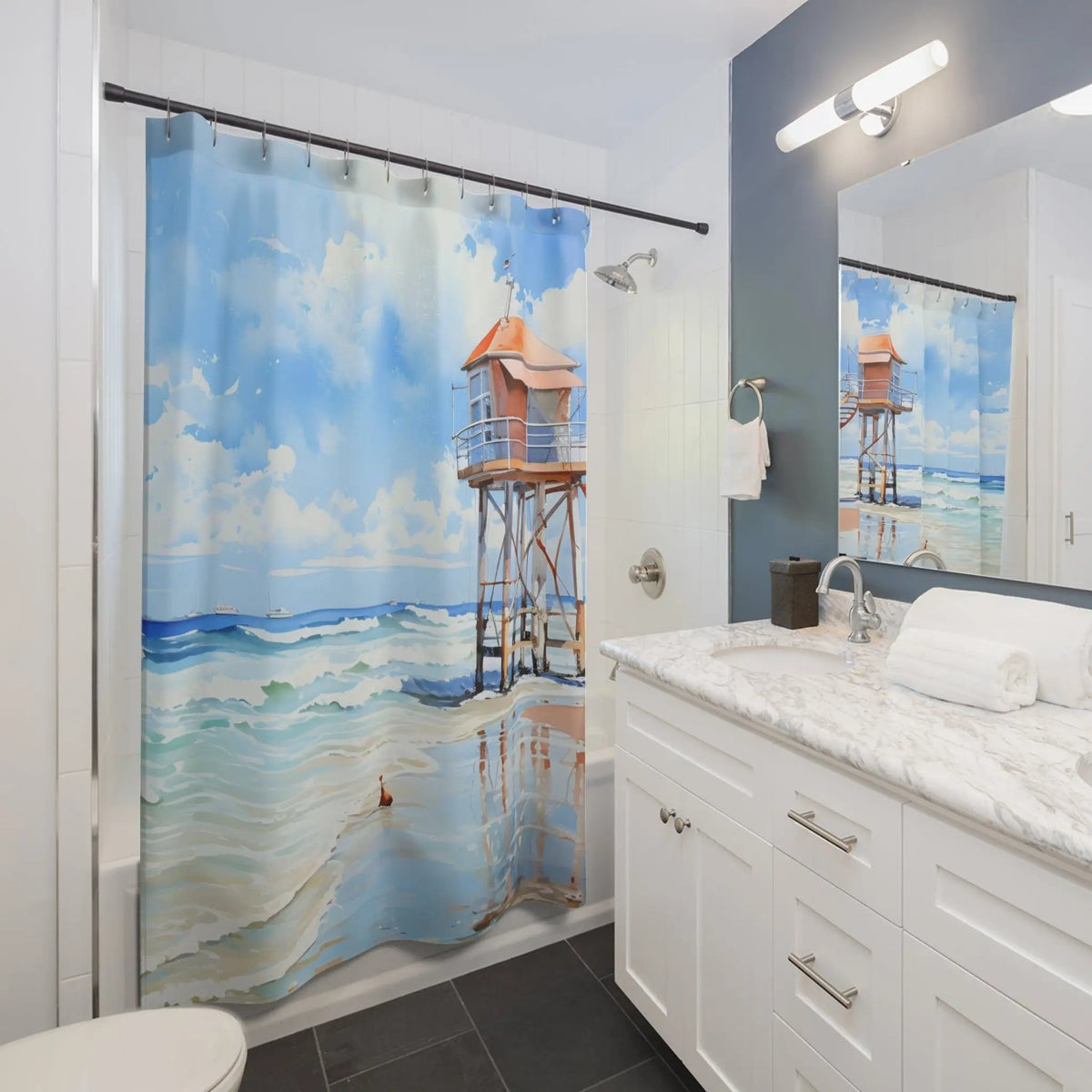 shower curtain rod | a bathroom with a shower curtain with a painting on it