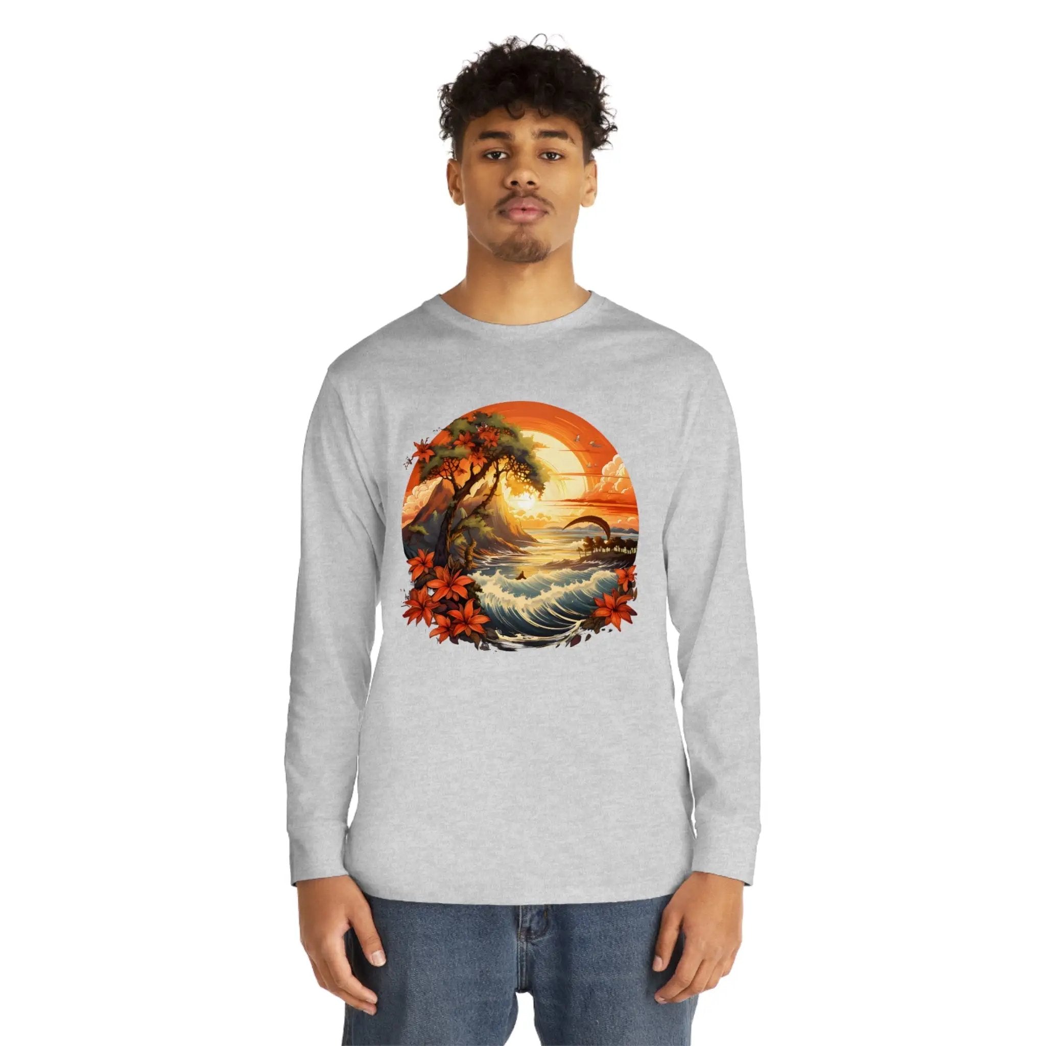 Long Sleeve t shirt | a man wearing a long sleeve shirt with a painting of a sunset