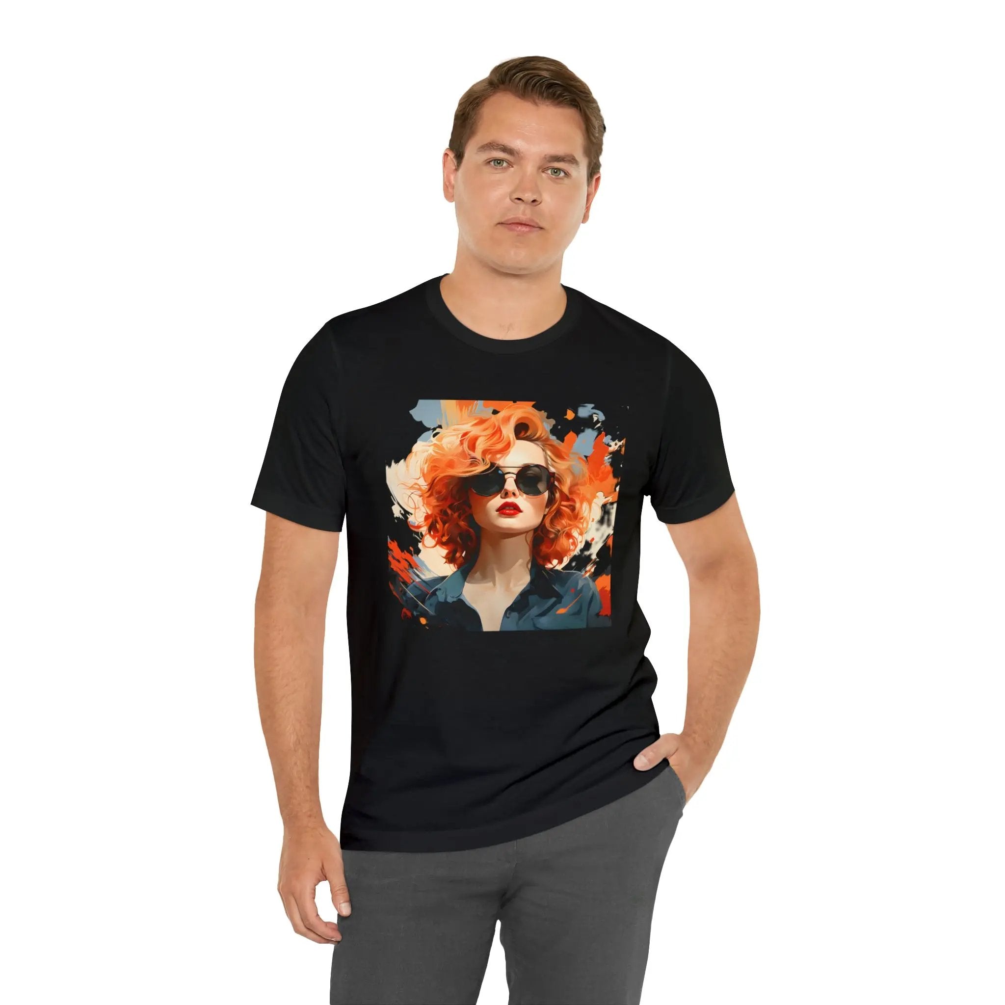 Couple t shirt | a man wearing a black t - shirt with a picture of a woman on it