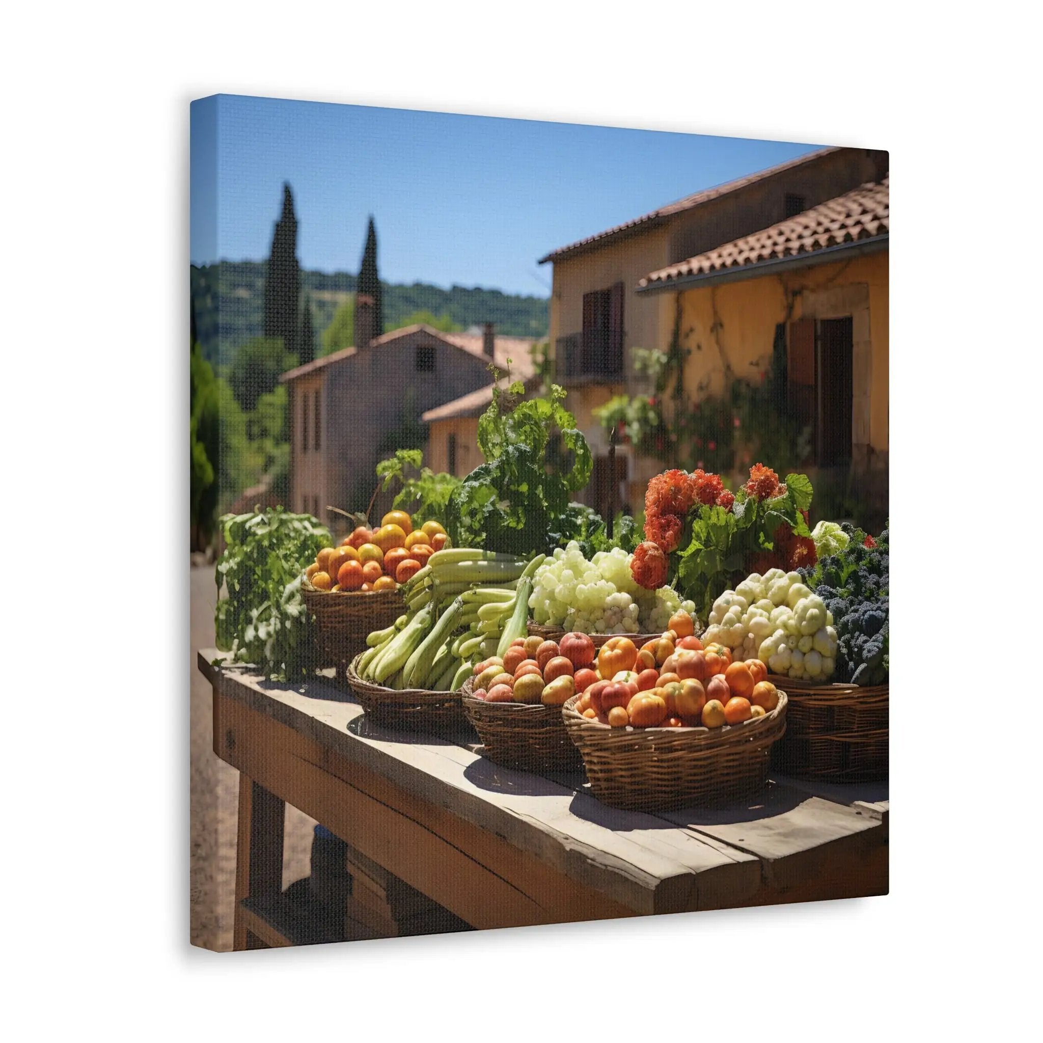 Canvas Gallery Wraps | a wooden table topped with baskets of fruit and vegetables