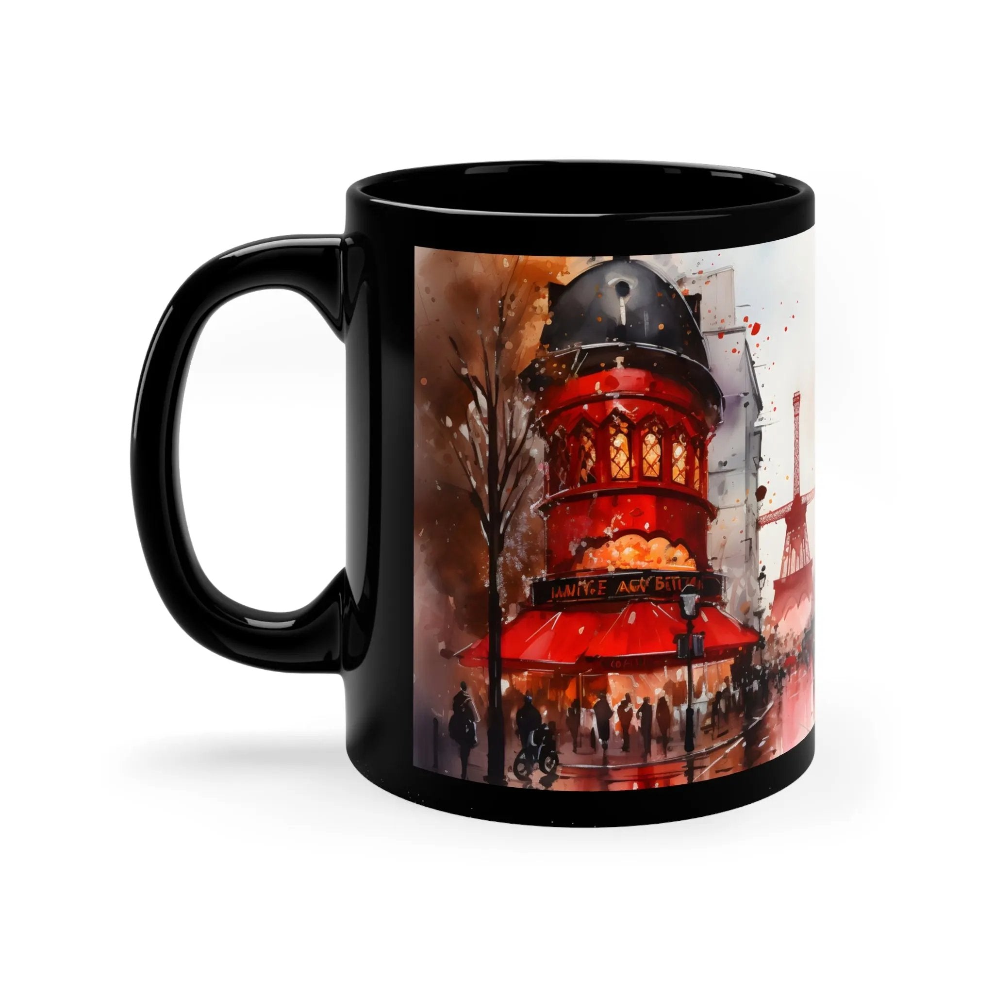 Mugs coffee | a black coffee mug with a picture of a red building