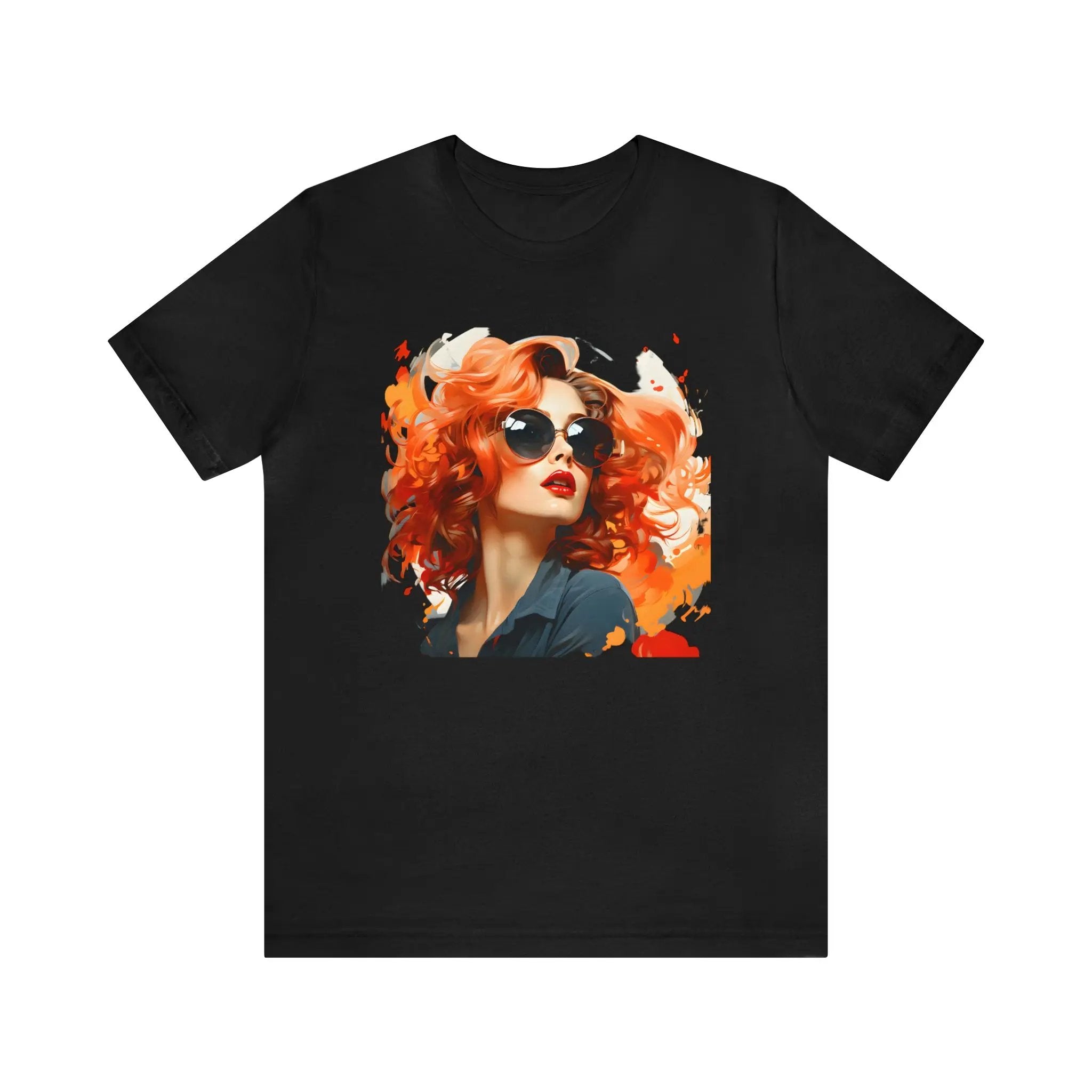 Couple t shirt | a black t - shirt with a picture of a woman with red hair