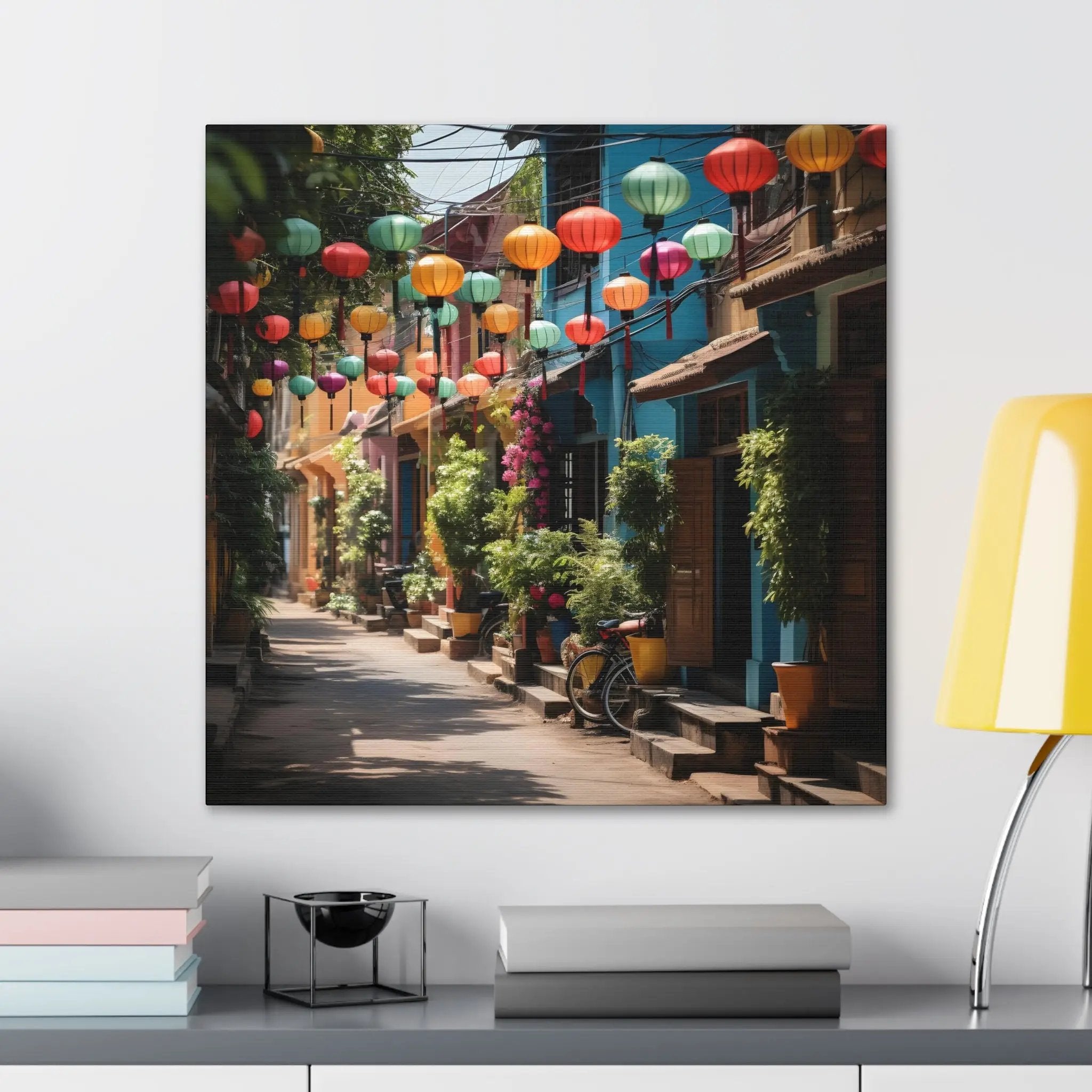 Canvas Gallery Wraps | a picture of a street with lanterns hanging from it