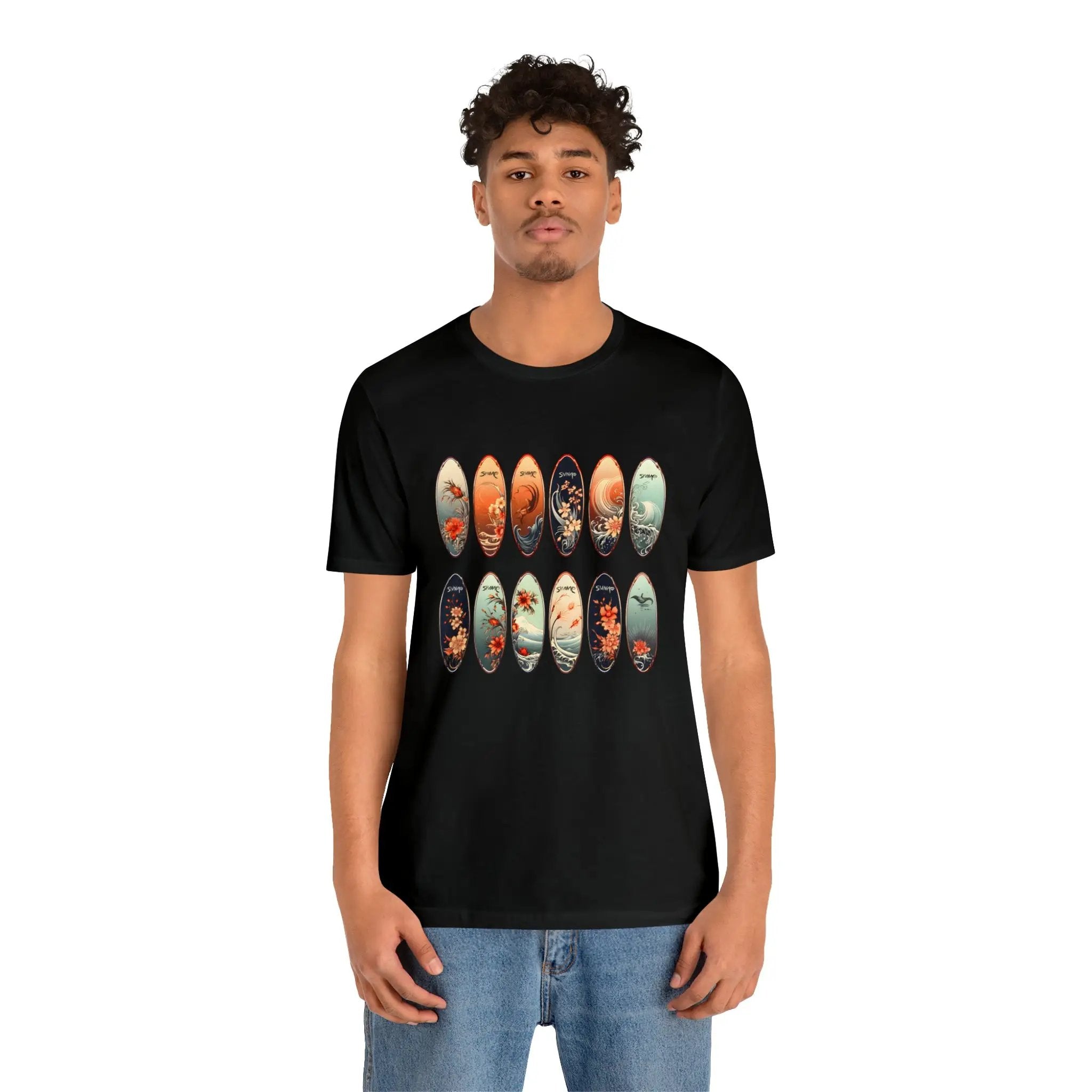 Couple t shirt | a man wearing a black t - shirt with a bunch of different images on it