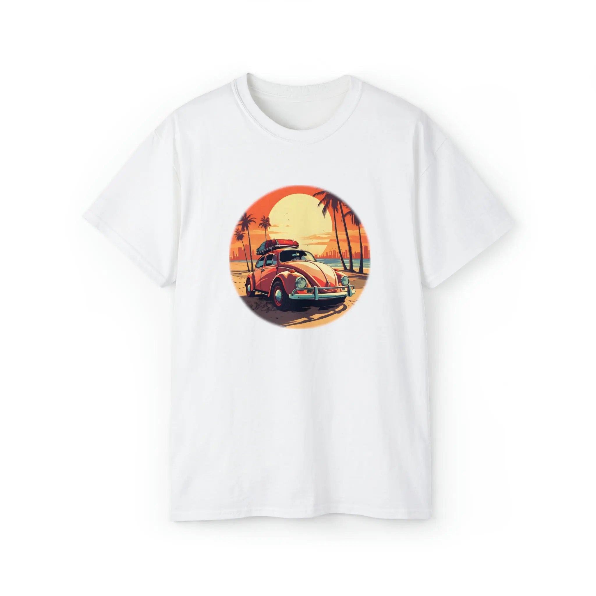 men tee graphic | a white t - shirt with an image of a car on the beach