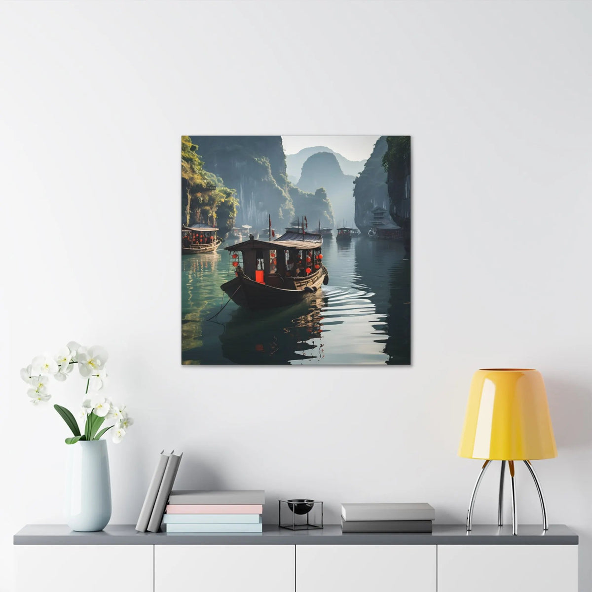 Canvas Gallery Wraps | a painting of a boat floating on a river