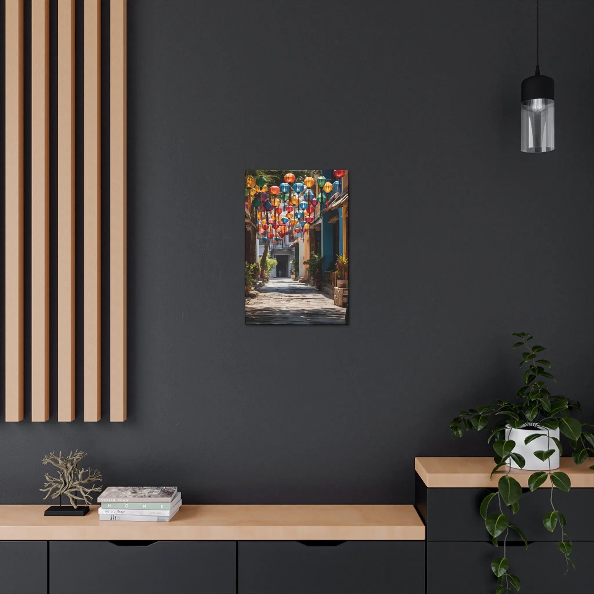 Canvas Gallery Wraps | a room with a table and a shelf with a painting on it