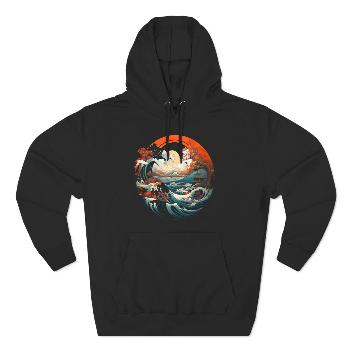 pullover hoodie | a black hoodie with an image of a ship in the ocean