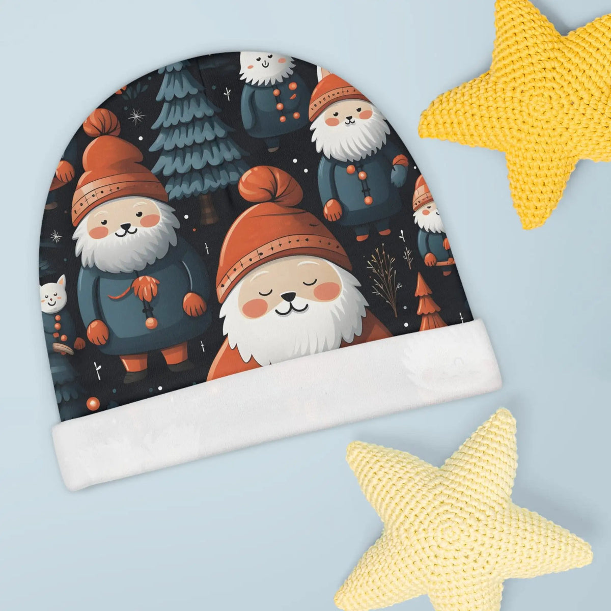 Baby Beanie | a knitted hat with a pattern of gnomes and stars