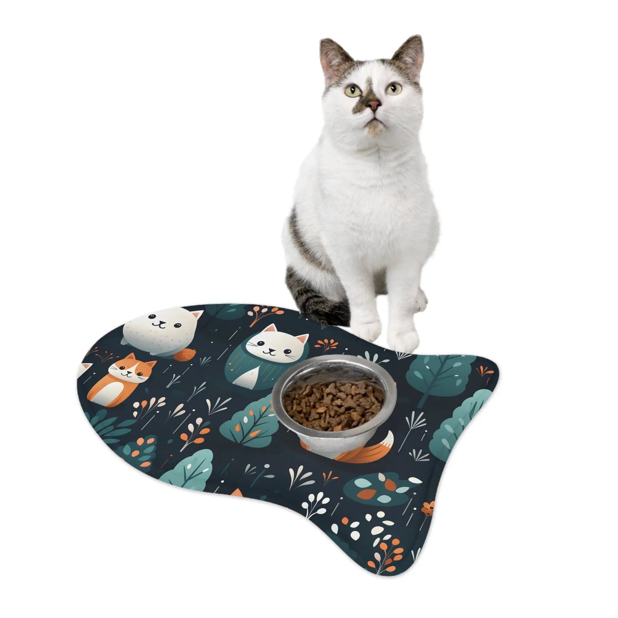 Pet Feeding Mats | a cat sitting on top of a bowl of food