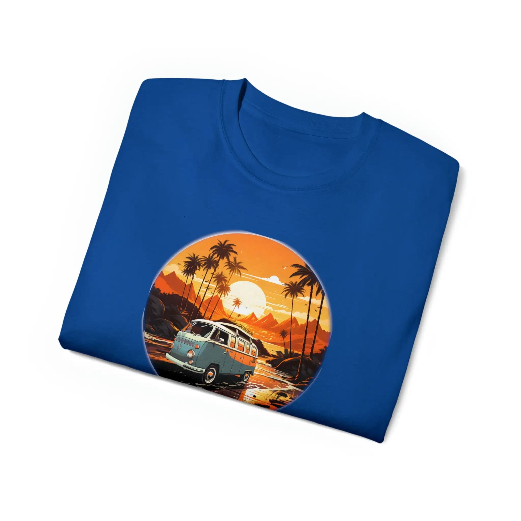 men tee graphic | a blue t - shirt with an image of a van bus