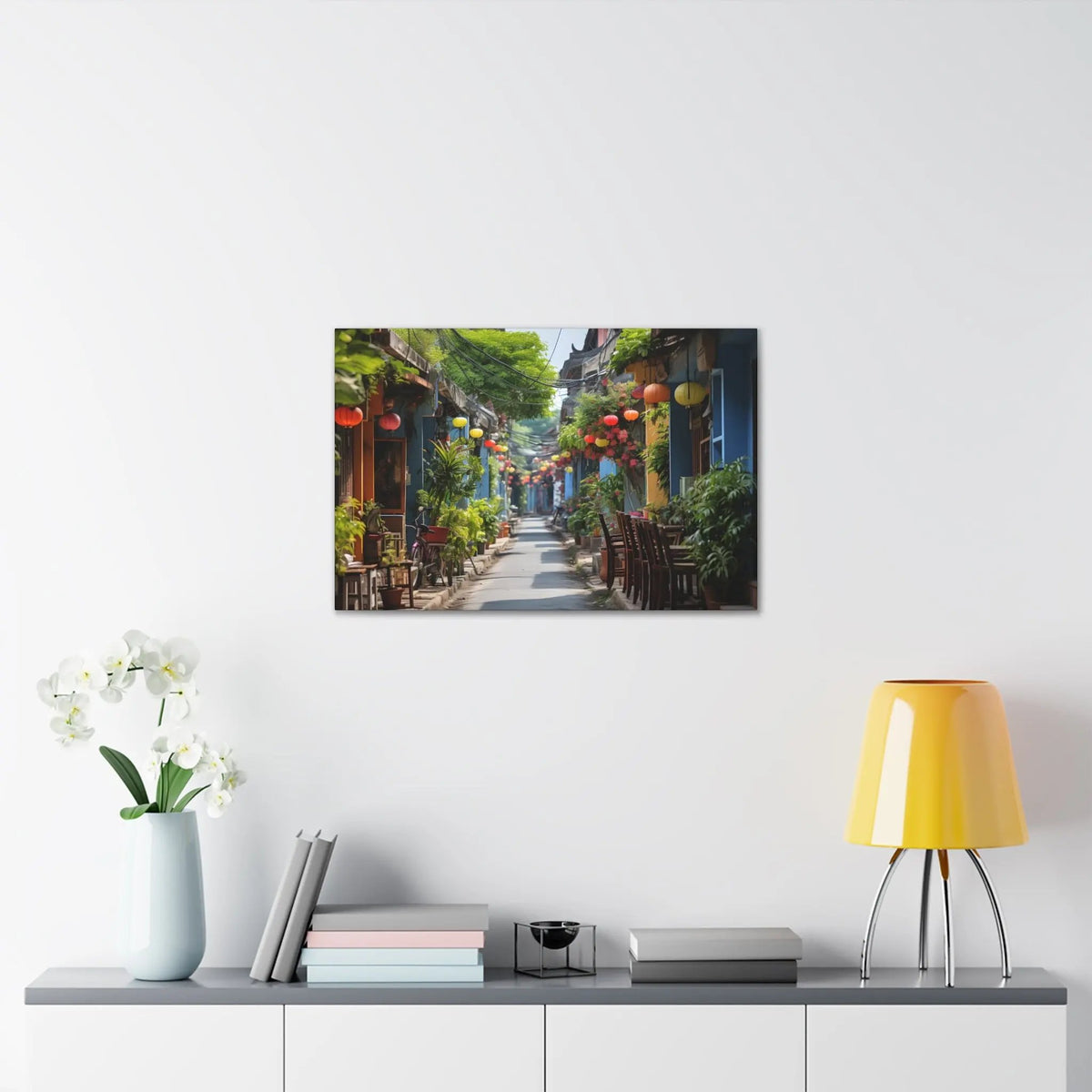 Canvas Gallery Wraps | a painting of a street scene with a yellow lamp