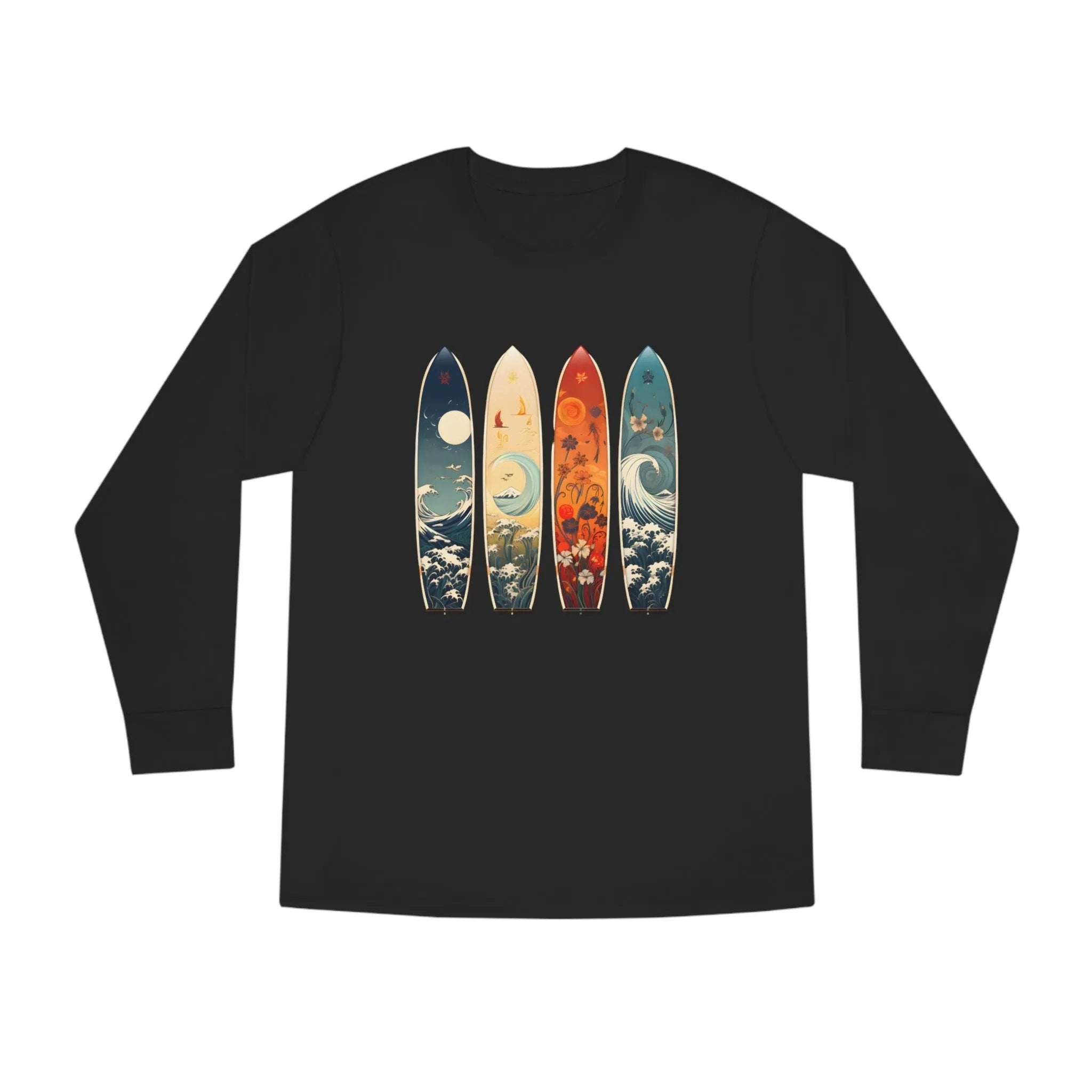 Long Sleeve t shirt | a black shirt with three surfboards on it