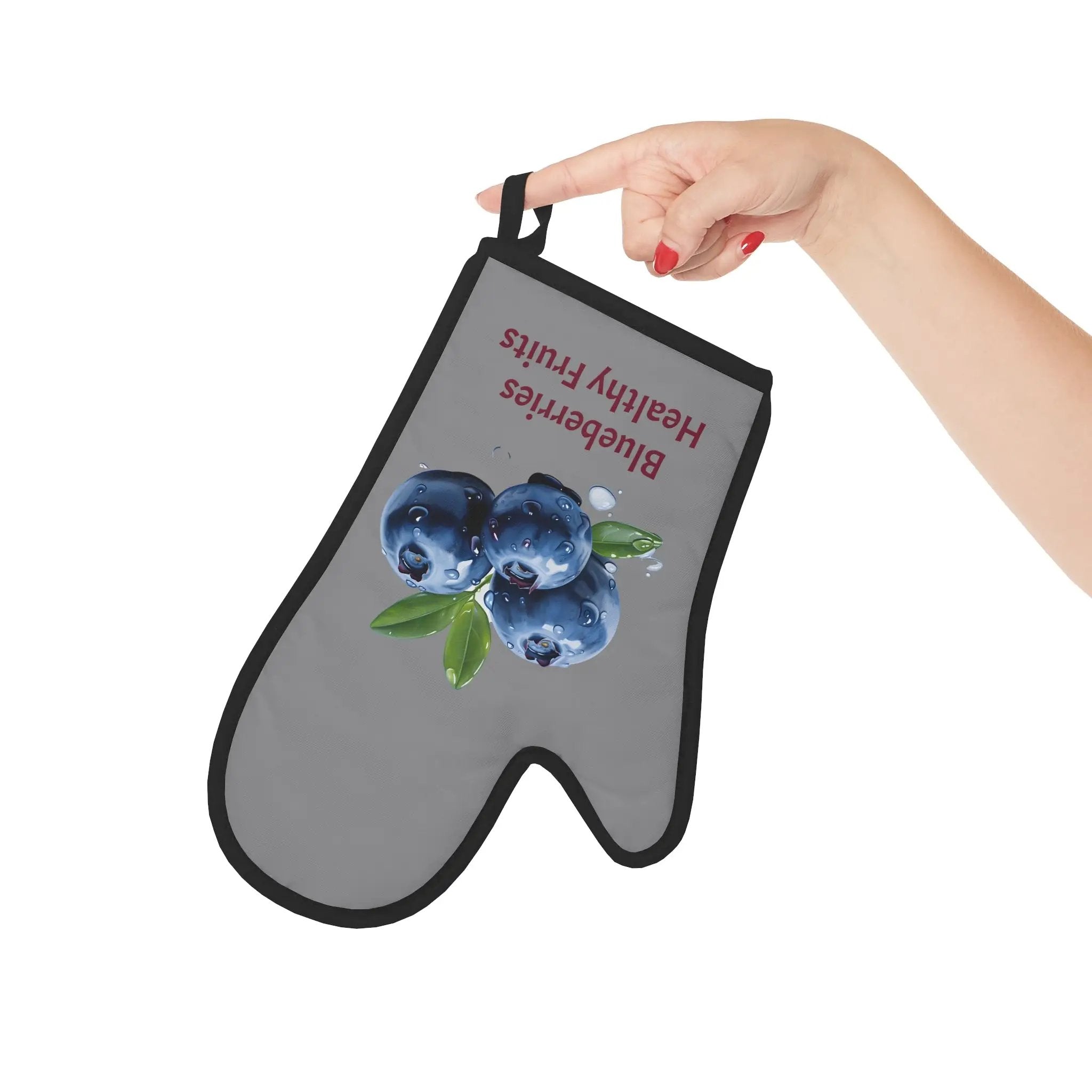 oven mitt | a hand holding a blueberry oven mitt with a picture of two blueberries