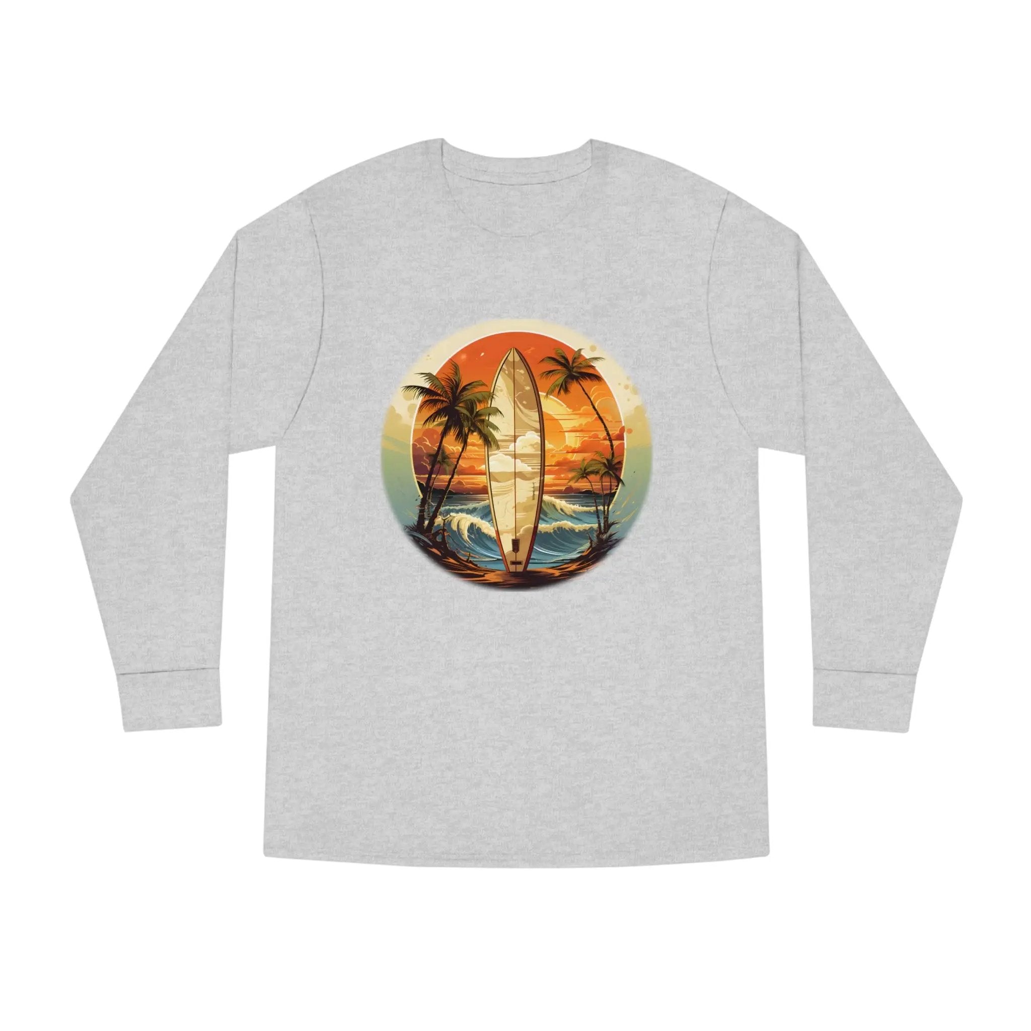 Long Sleeve t shirt | a long sleeve shirt with a picture of a surfboard and palm trees