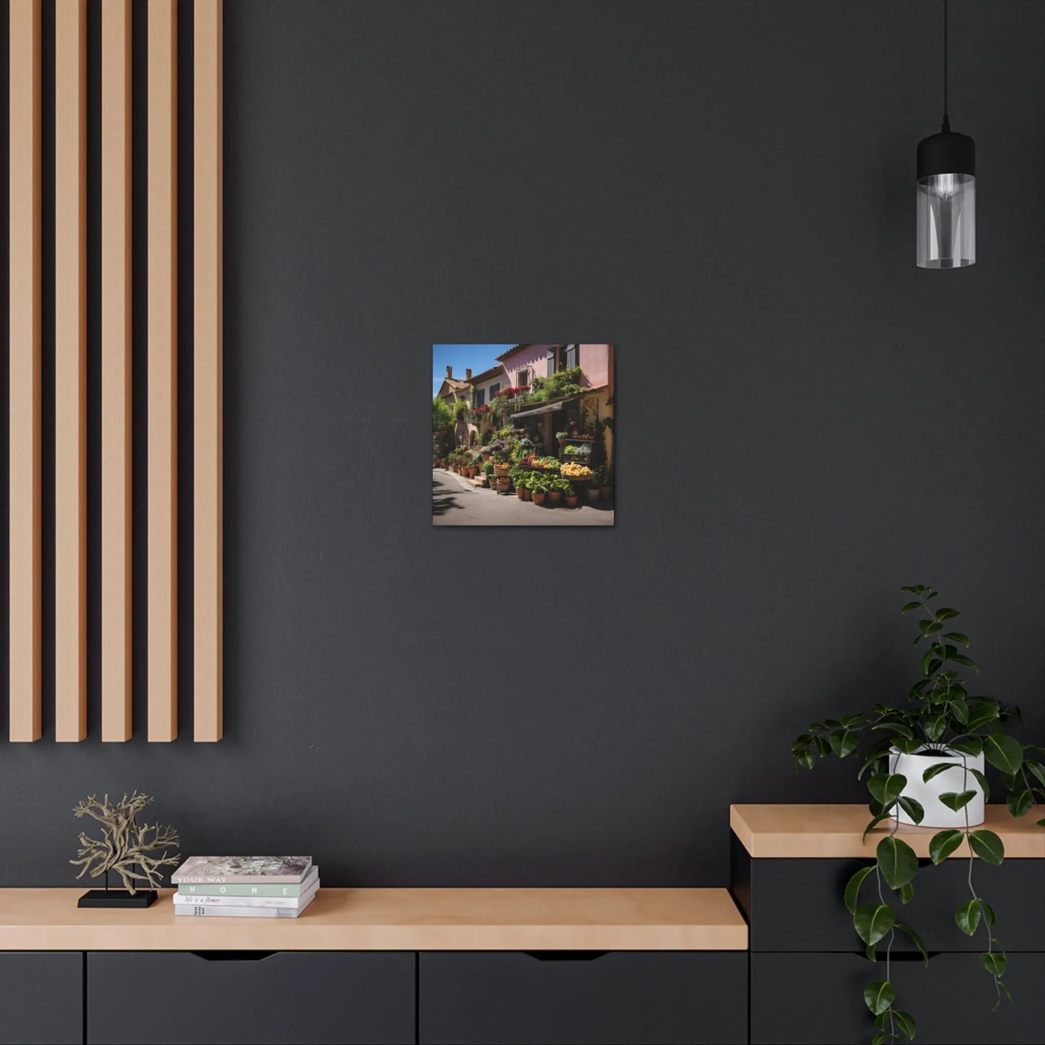 Canvas Gallery Wraps | a room with a shelf and a plant on it