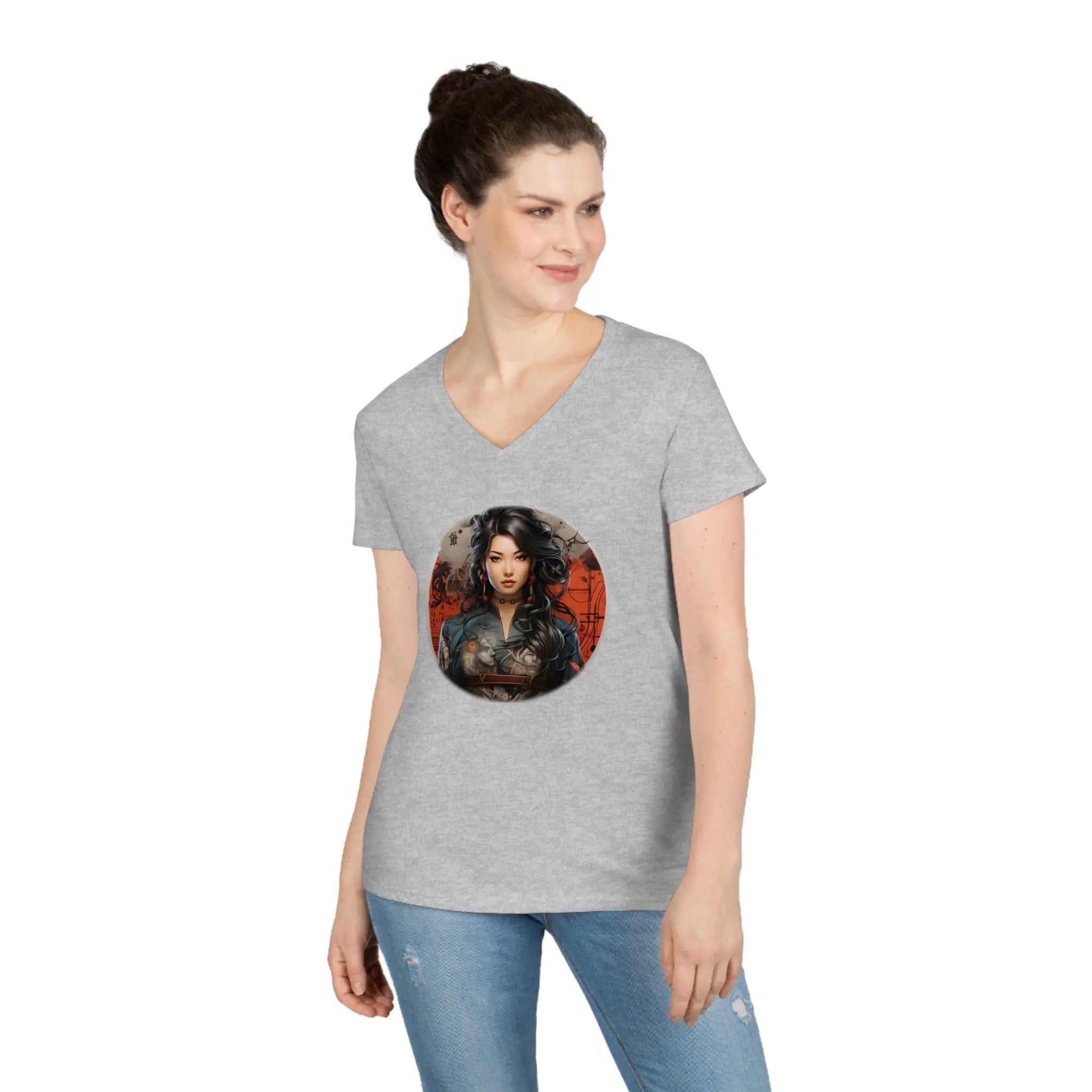 Nippon Glamour | a women's v - neck t - shirt with a picture of a woman