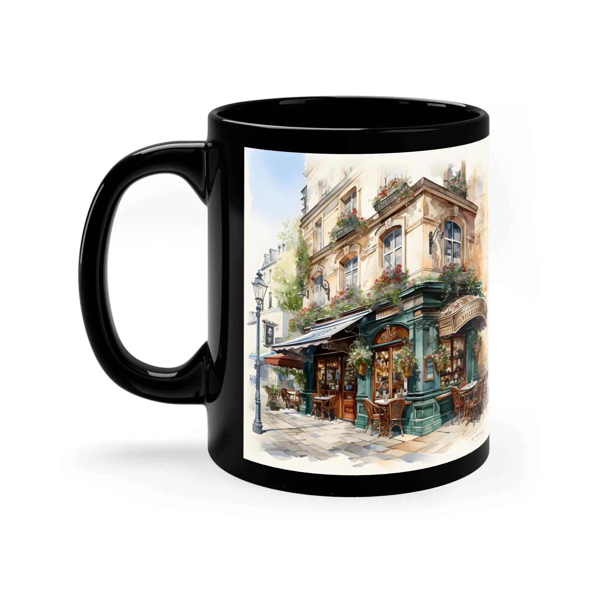 Mugs coffee | a black coffee mug with a picture of a building