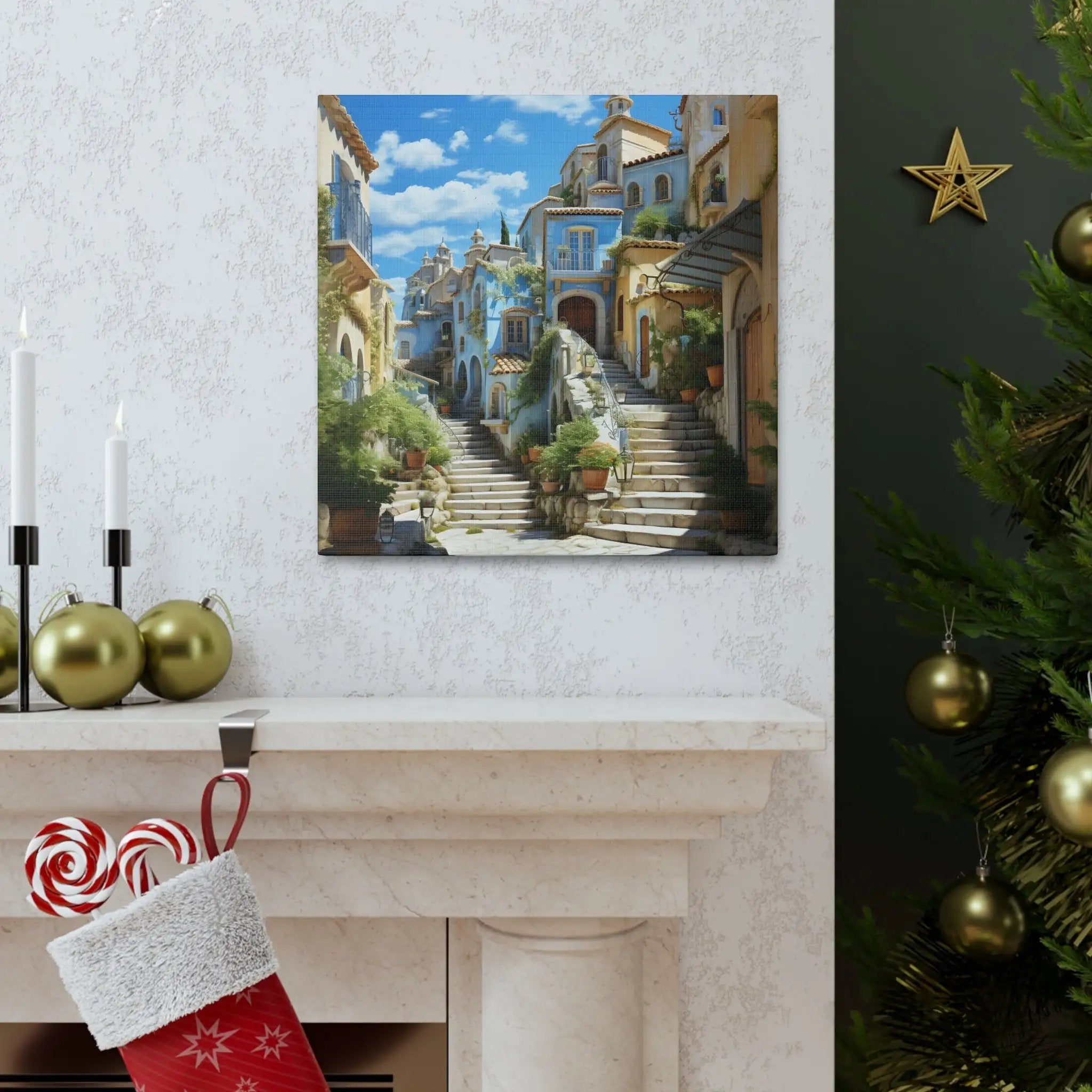 Canvas Gallery Wraps | a fireplace with a Christmas stocking next to a Christmas tree