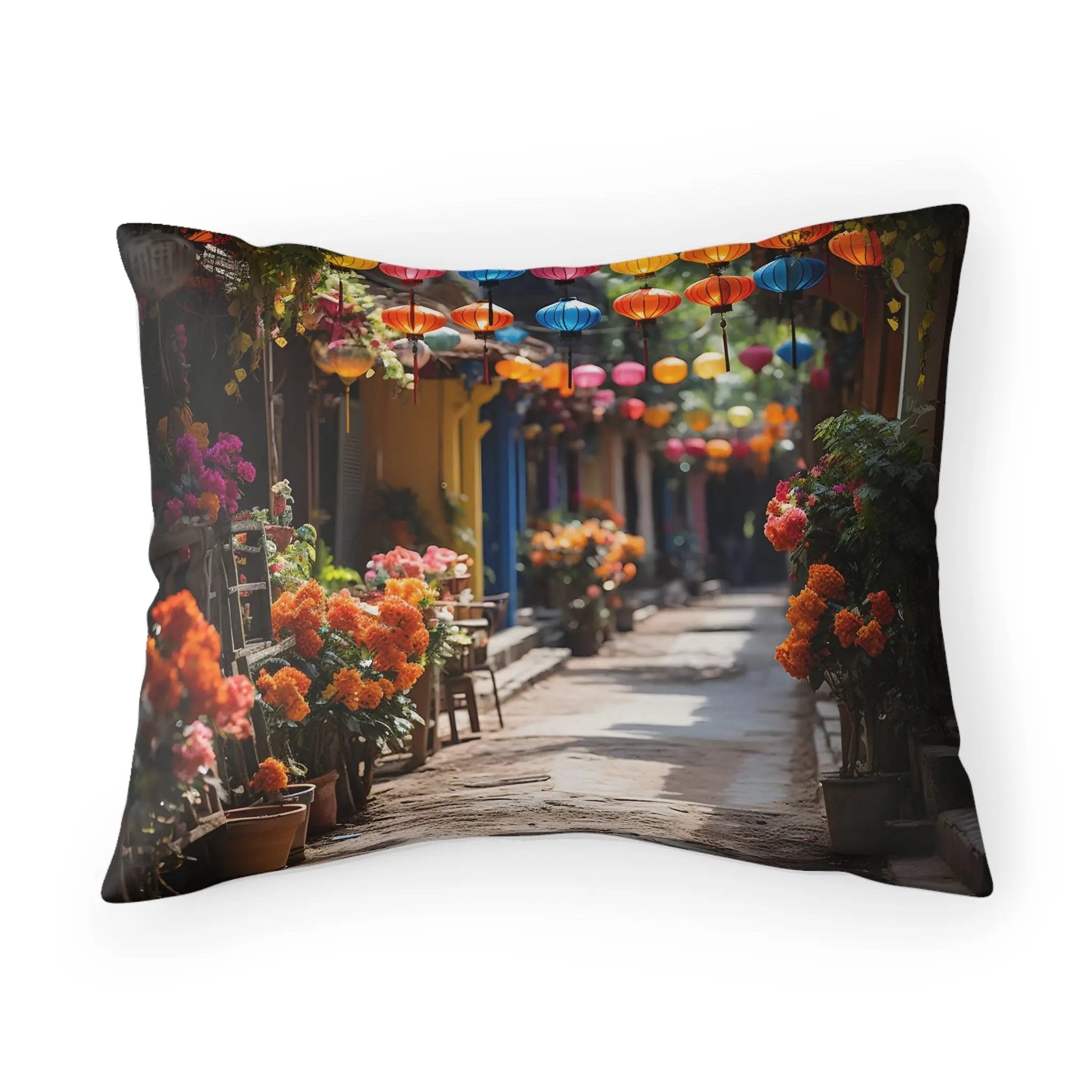 Pillow Sham | a photo of a street with flowers and umbrellas