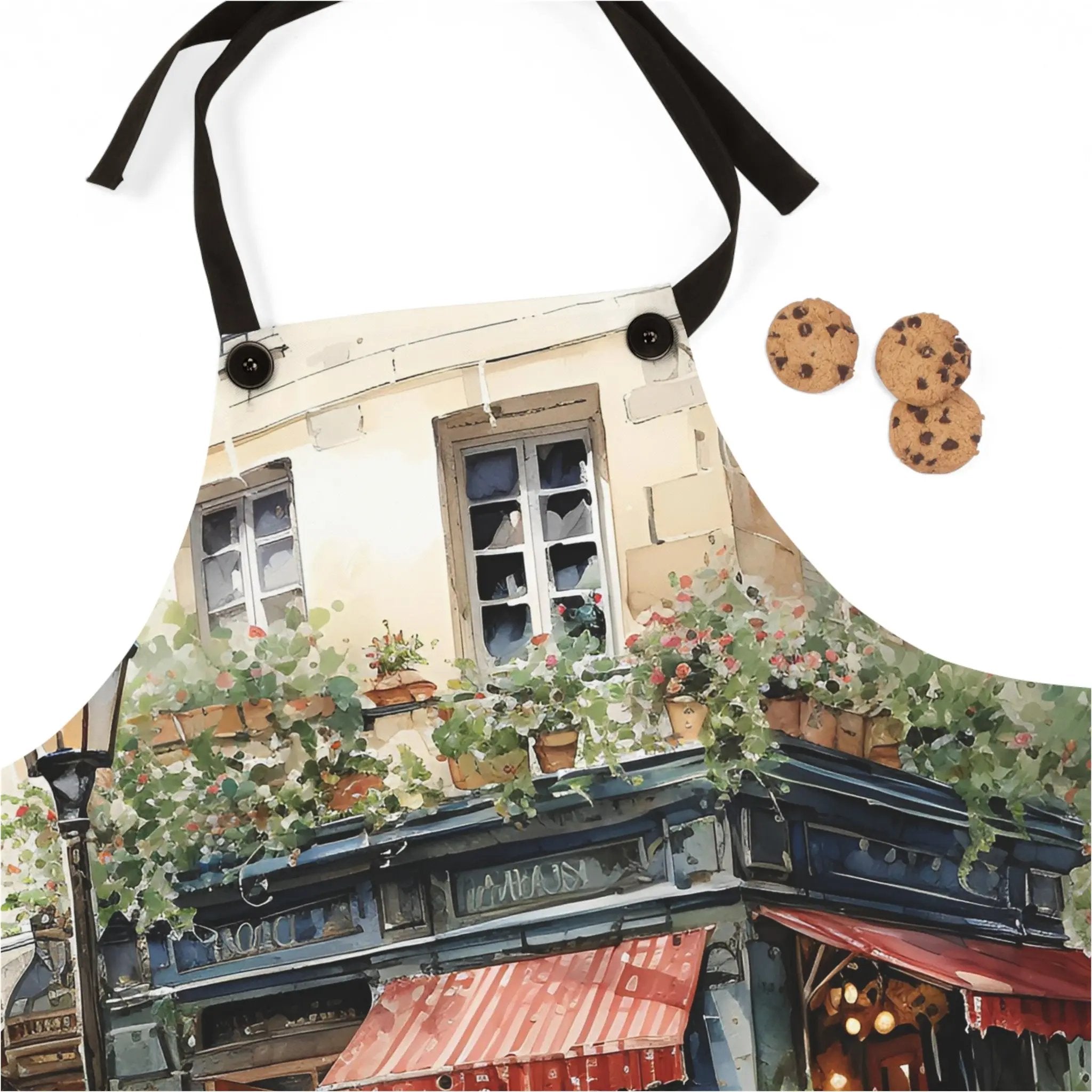 Chef Apron | a painting of a cafe with a cookie hanging from it's roof