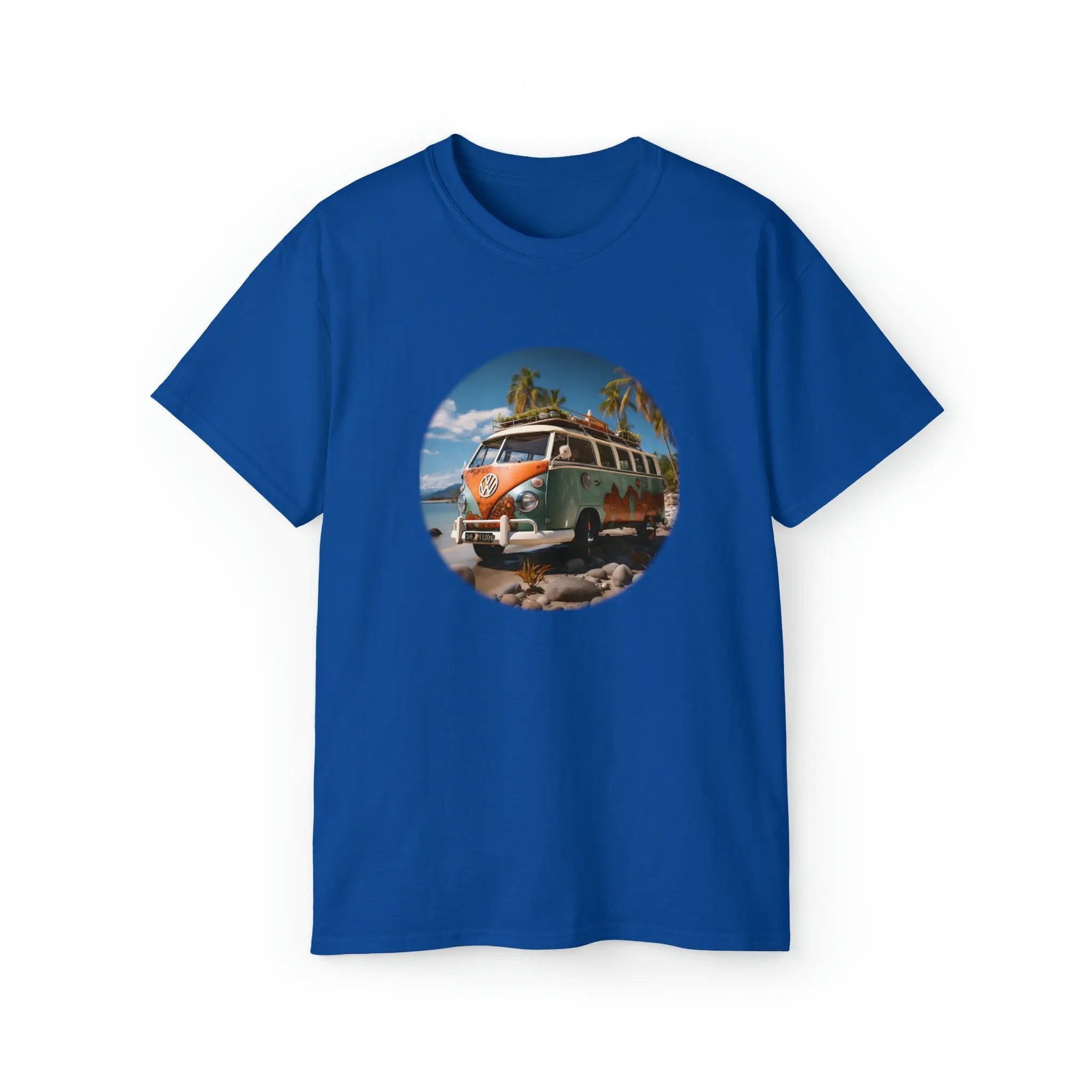 men tee graphic | a blue t - shirt with an image of a van bus