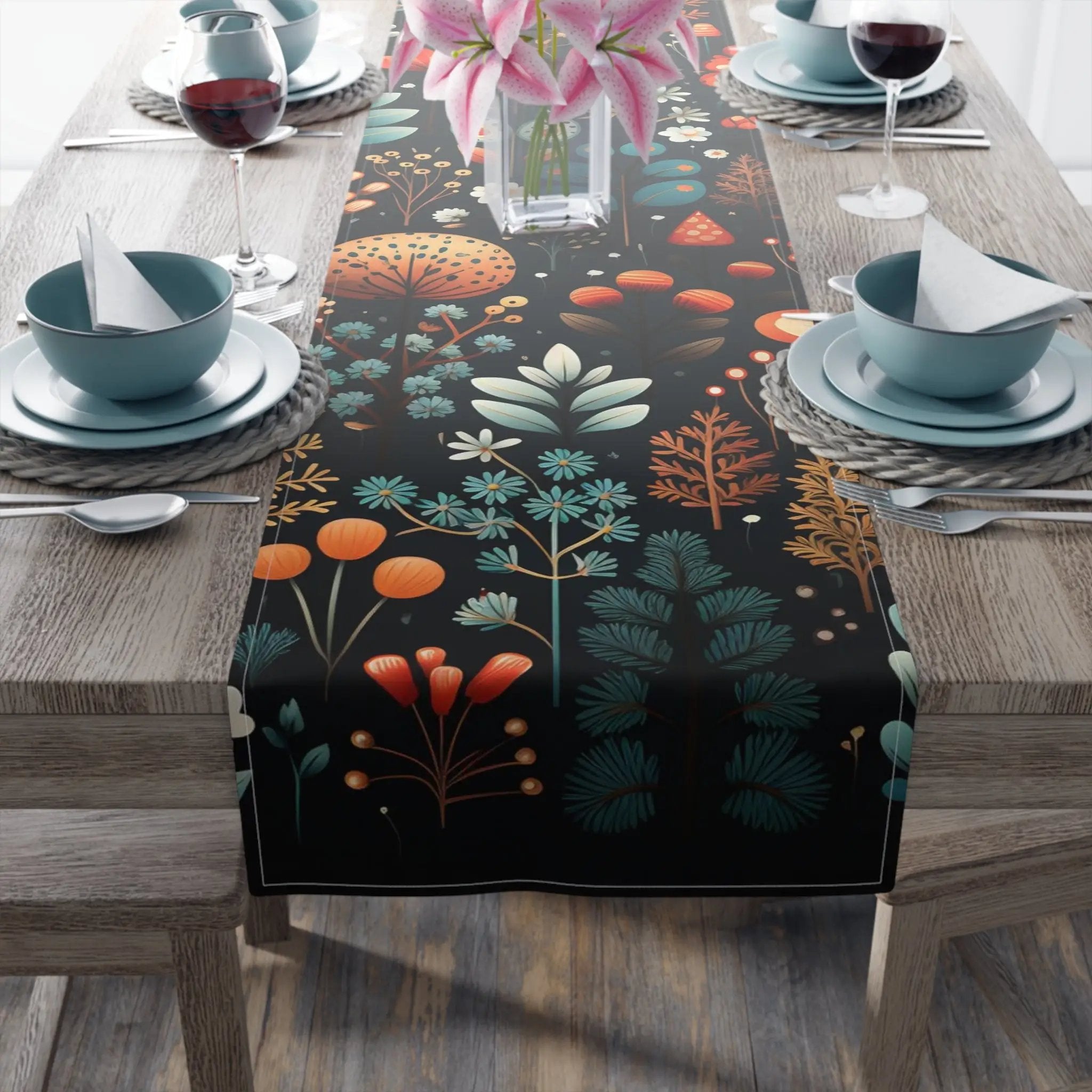 Table runner | a long table with a floral table runner