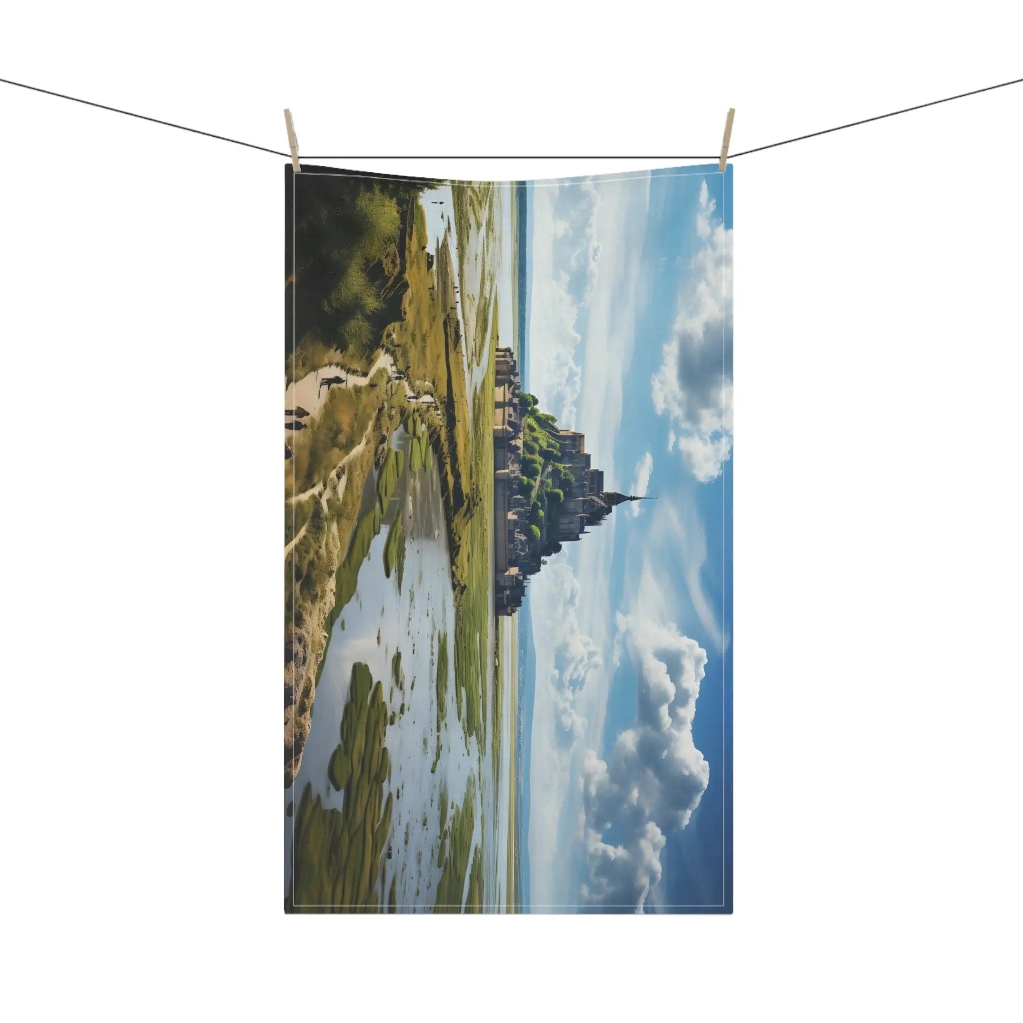 Kitchen Towel | a photo of a landscape hanging on a clothes line