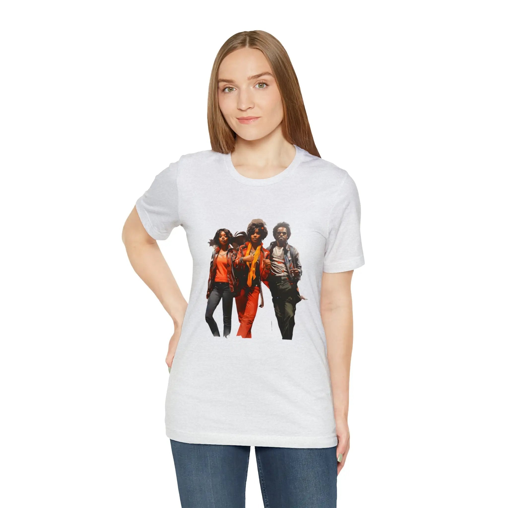 Couple t shirt | a woman wearing a white t - shirt with a group of people on it