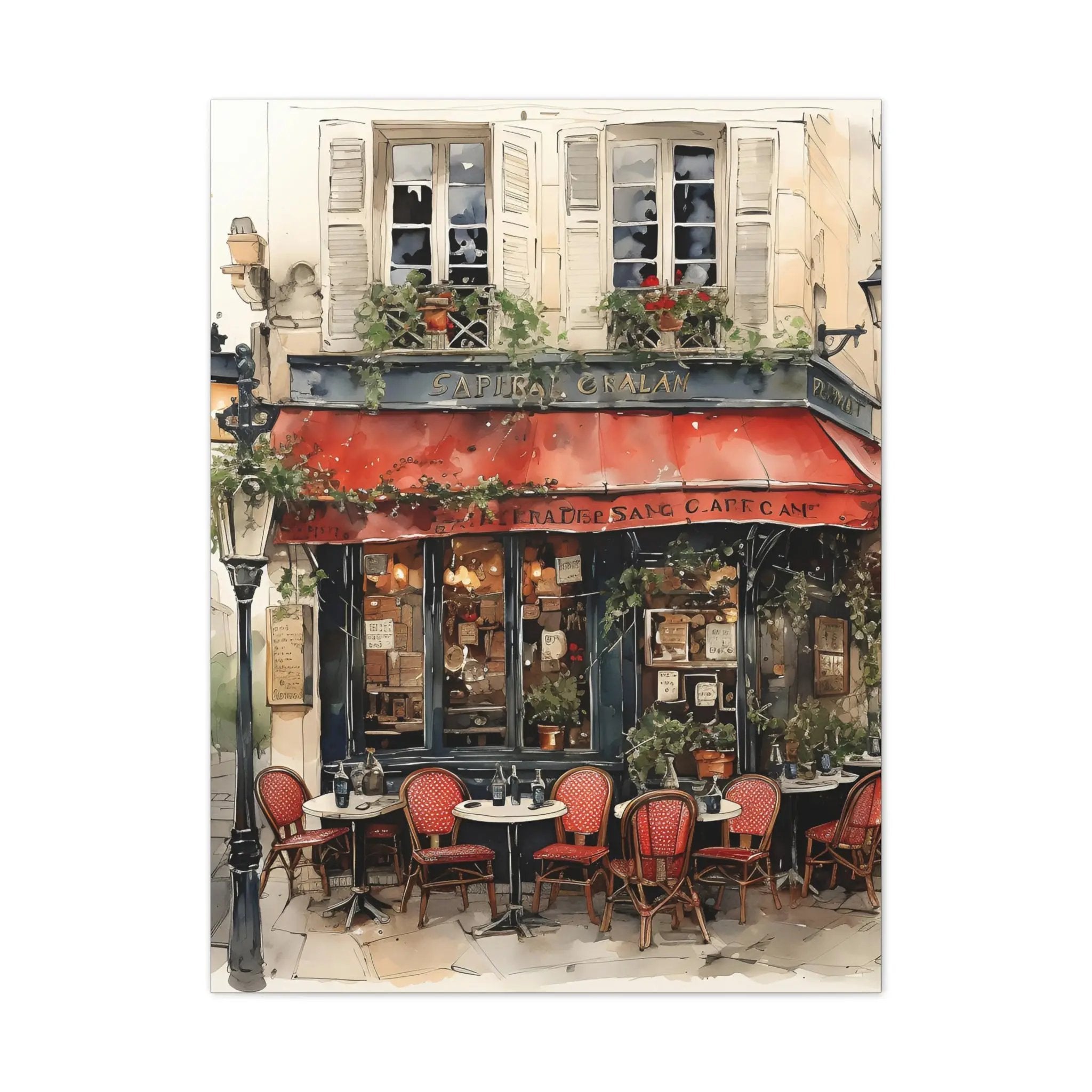 Canvas Gallery Wraps | a painting of a restaurant with red chairs and tables