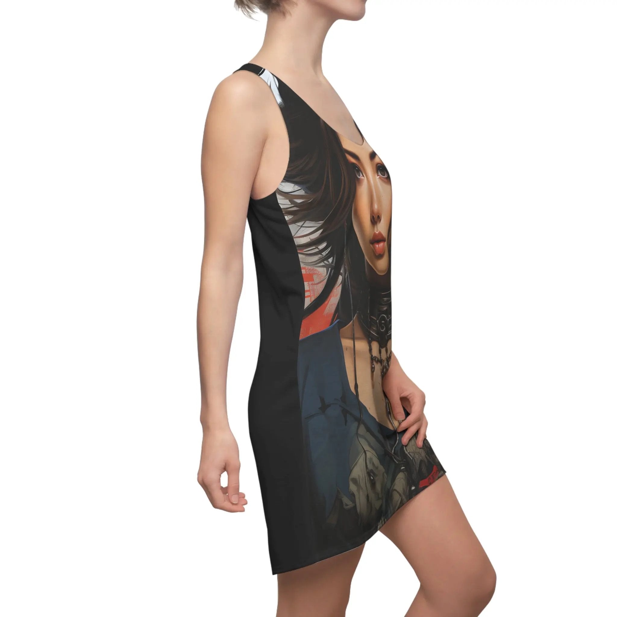 Woman summer dress | a woman wearing a dress with a picture of a woman on it