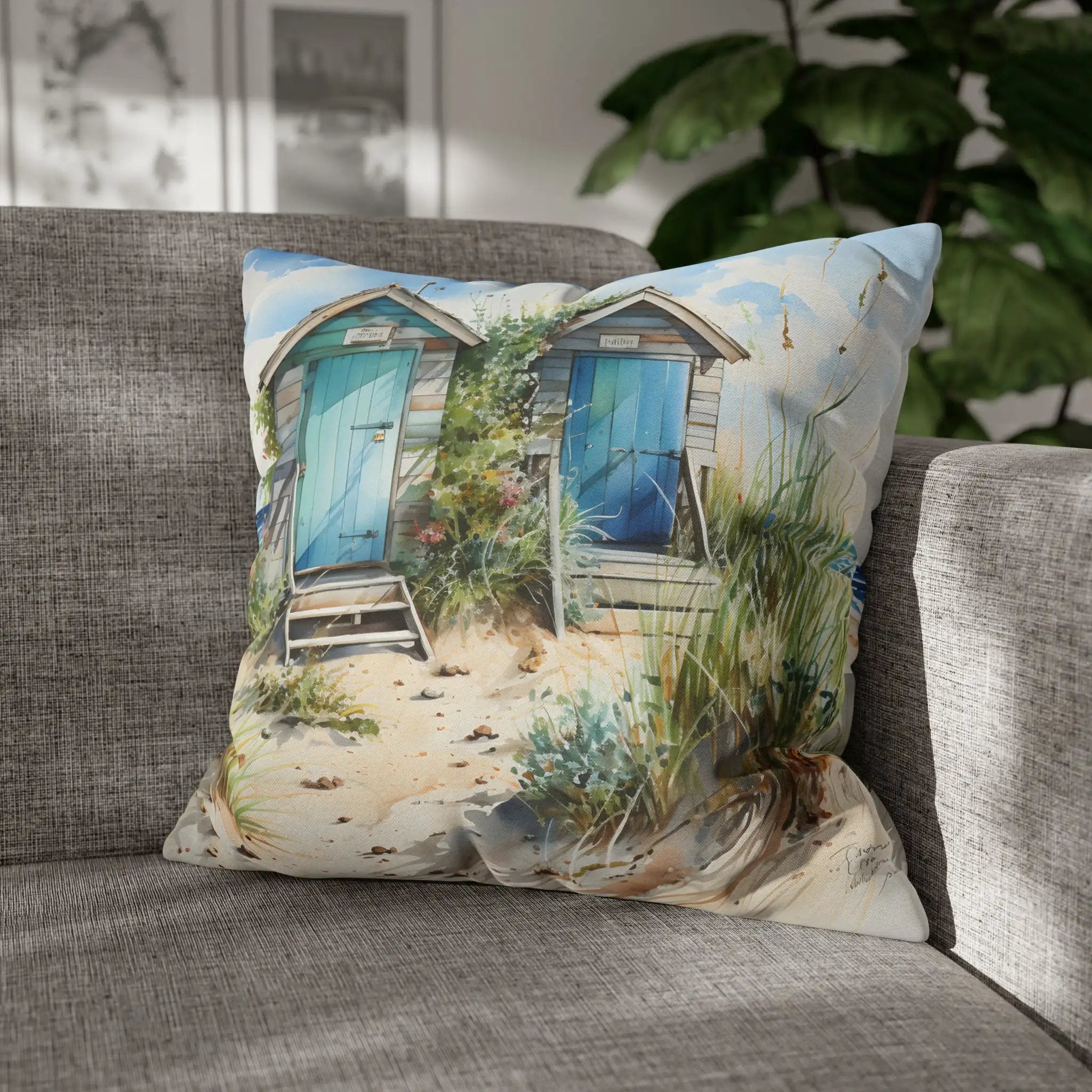 Pillow Sham | a couch with a pillow with a picture of a beach hut