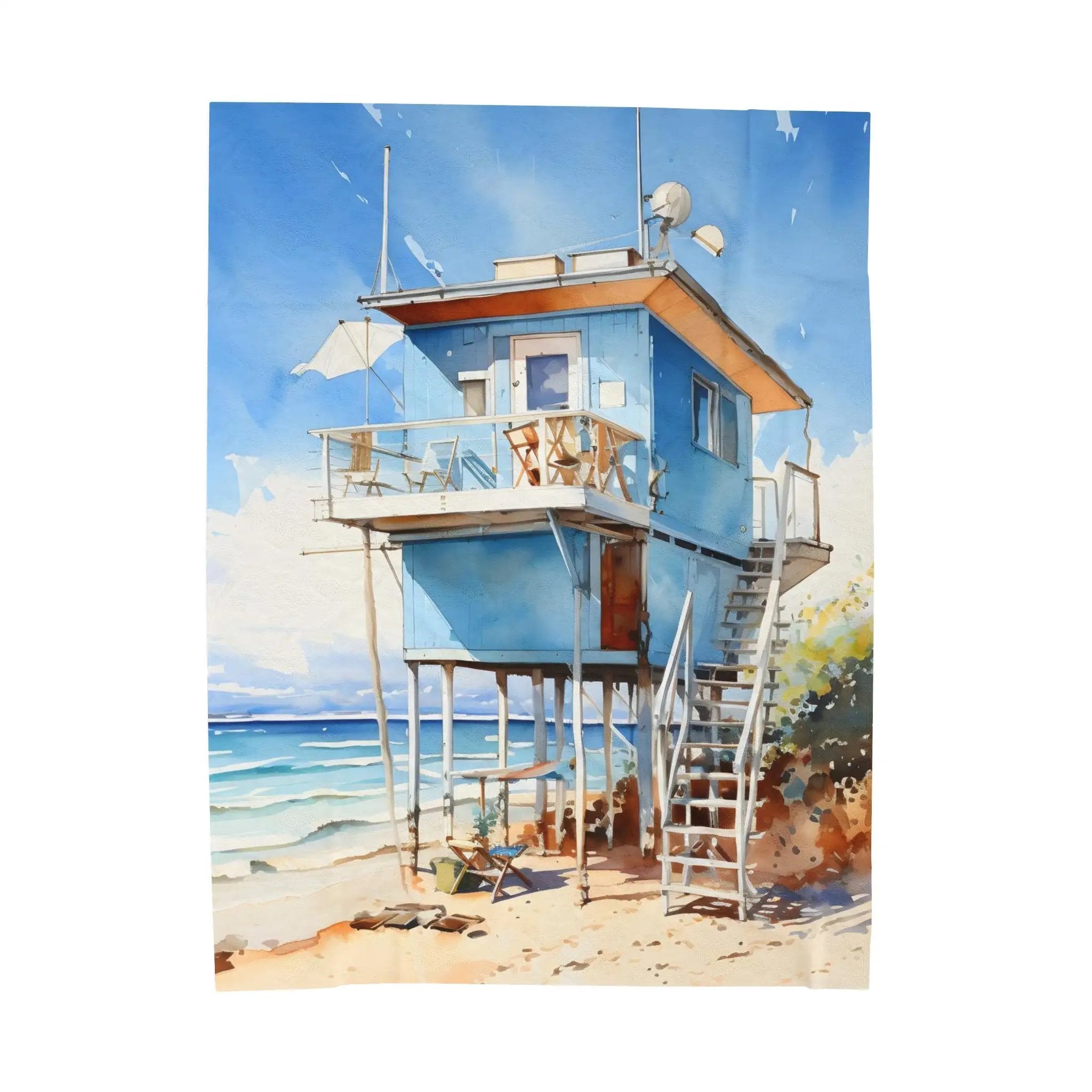 bedroom Blanket | a painting of a blue house on the beach