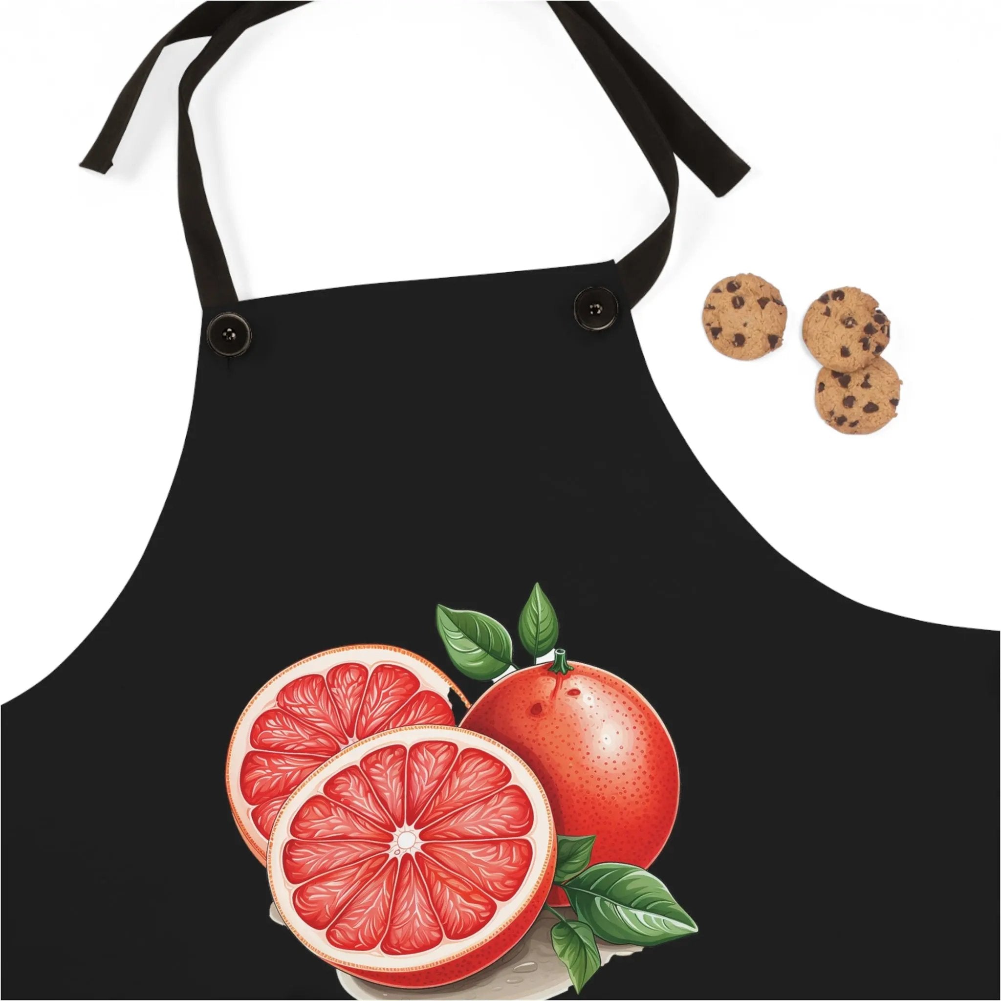 Chef Apron | a black apron with a grapefruit and a cookie on it