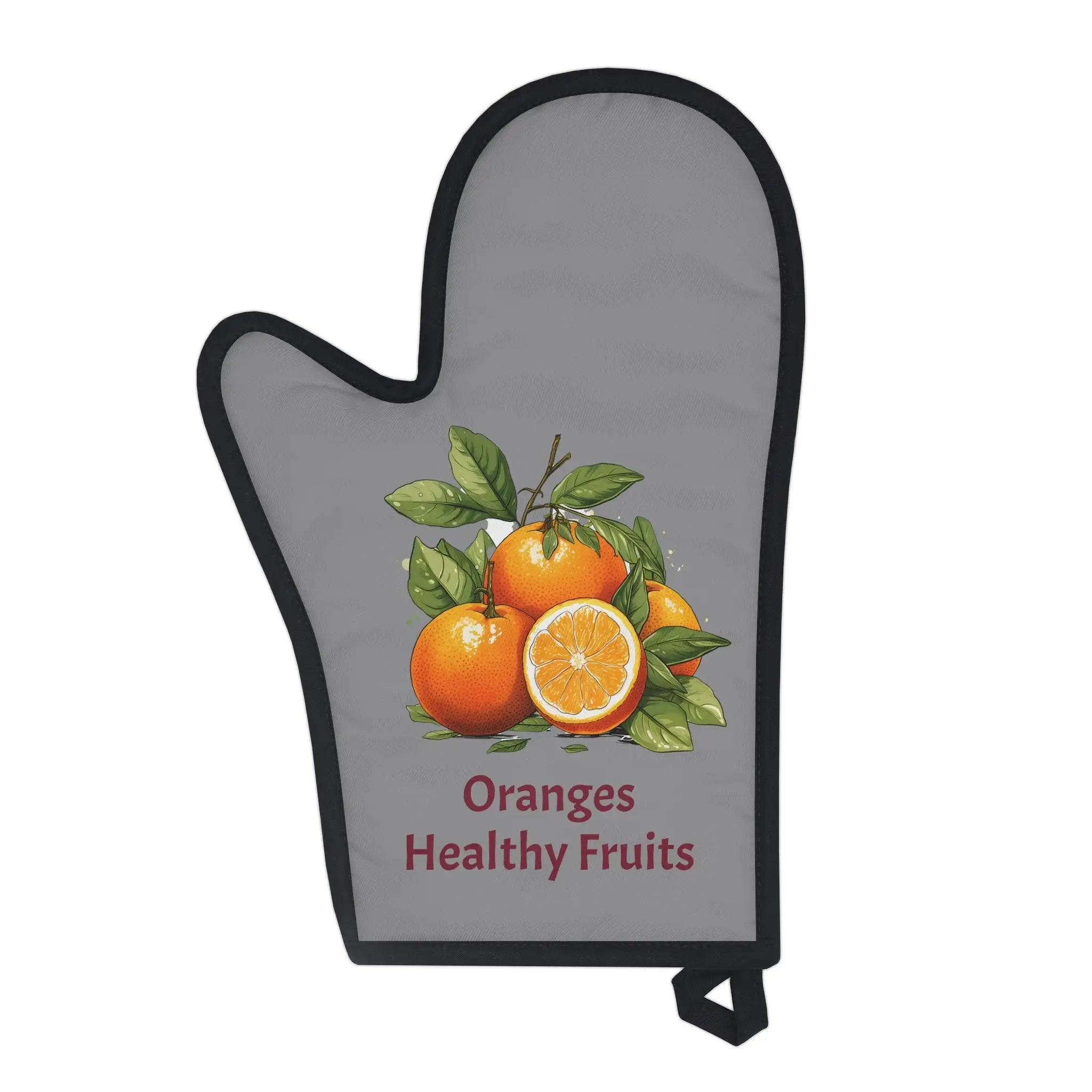 oven mitt | a gray oven mitt with oranges on it