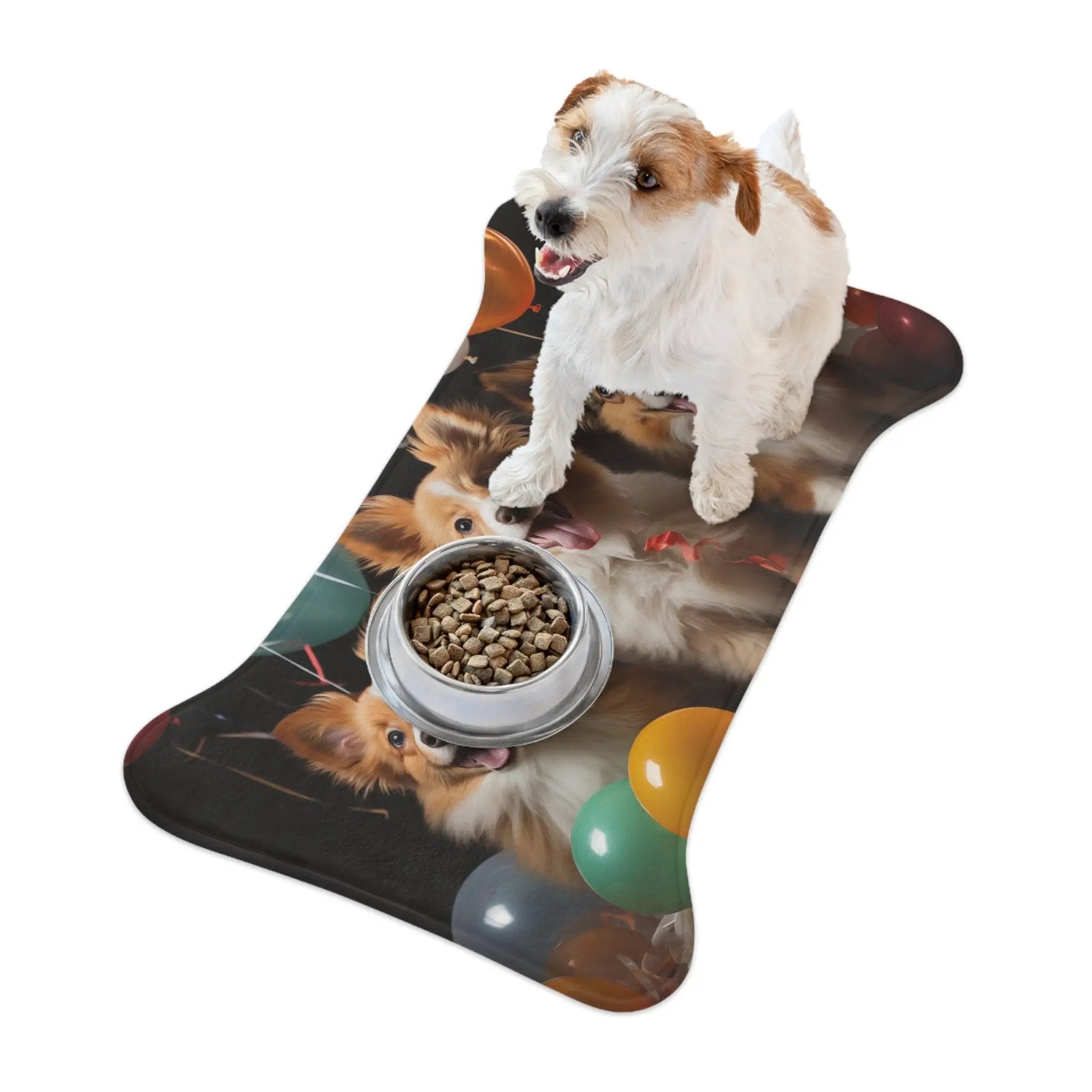 Pet Feeding Mats | a dog standing on top of a mat with a bowl of food